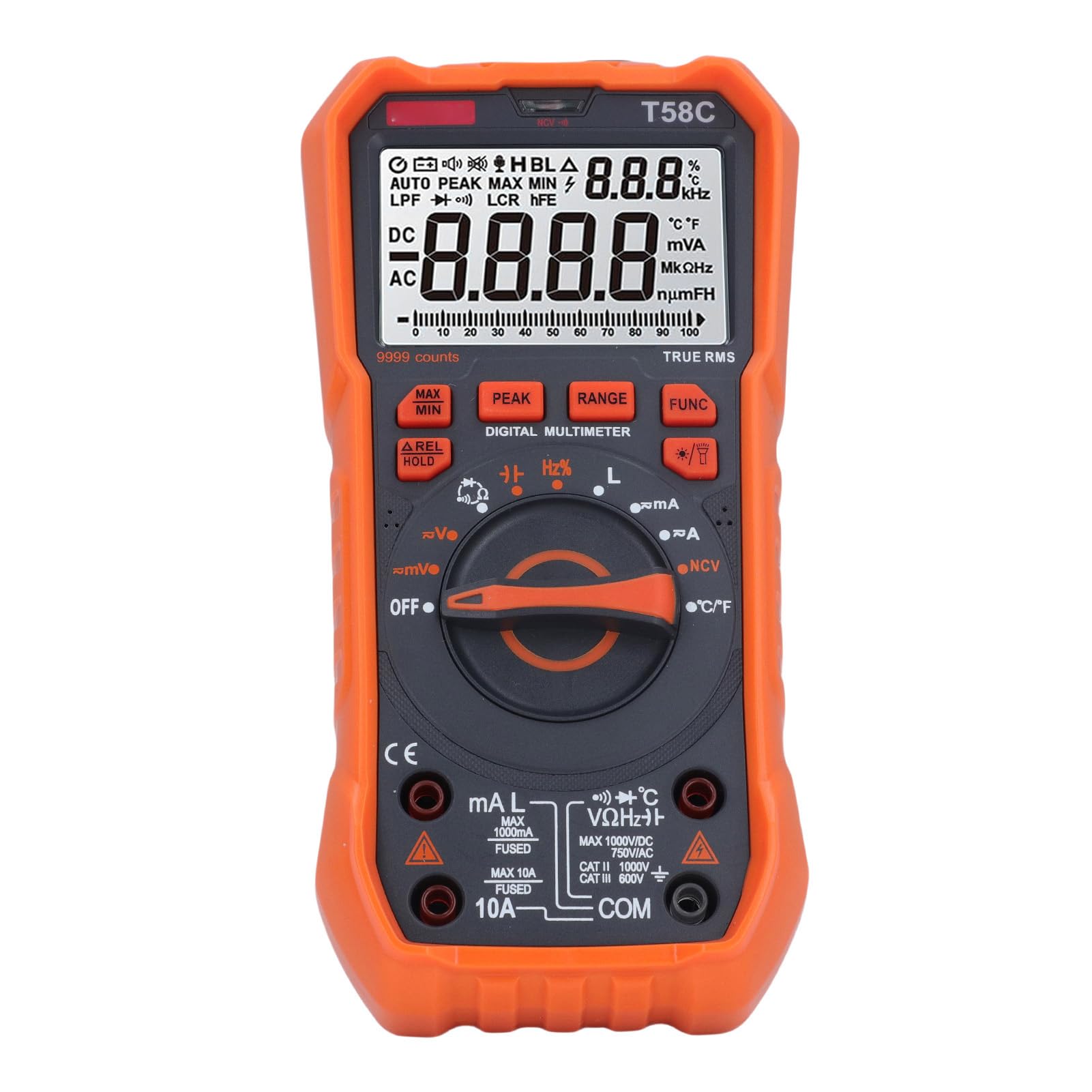 Jeffergarden Multimetro Digitale 9999 Conteggi TRMS Auto-Ranging Rilevatore NCV con Retroilluminazione Torcia Custodia in Silicone per Tensione Corrente AC DC Resistenza Capacità Frequenza