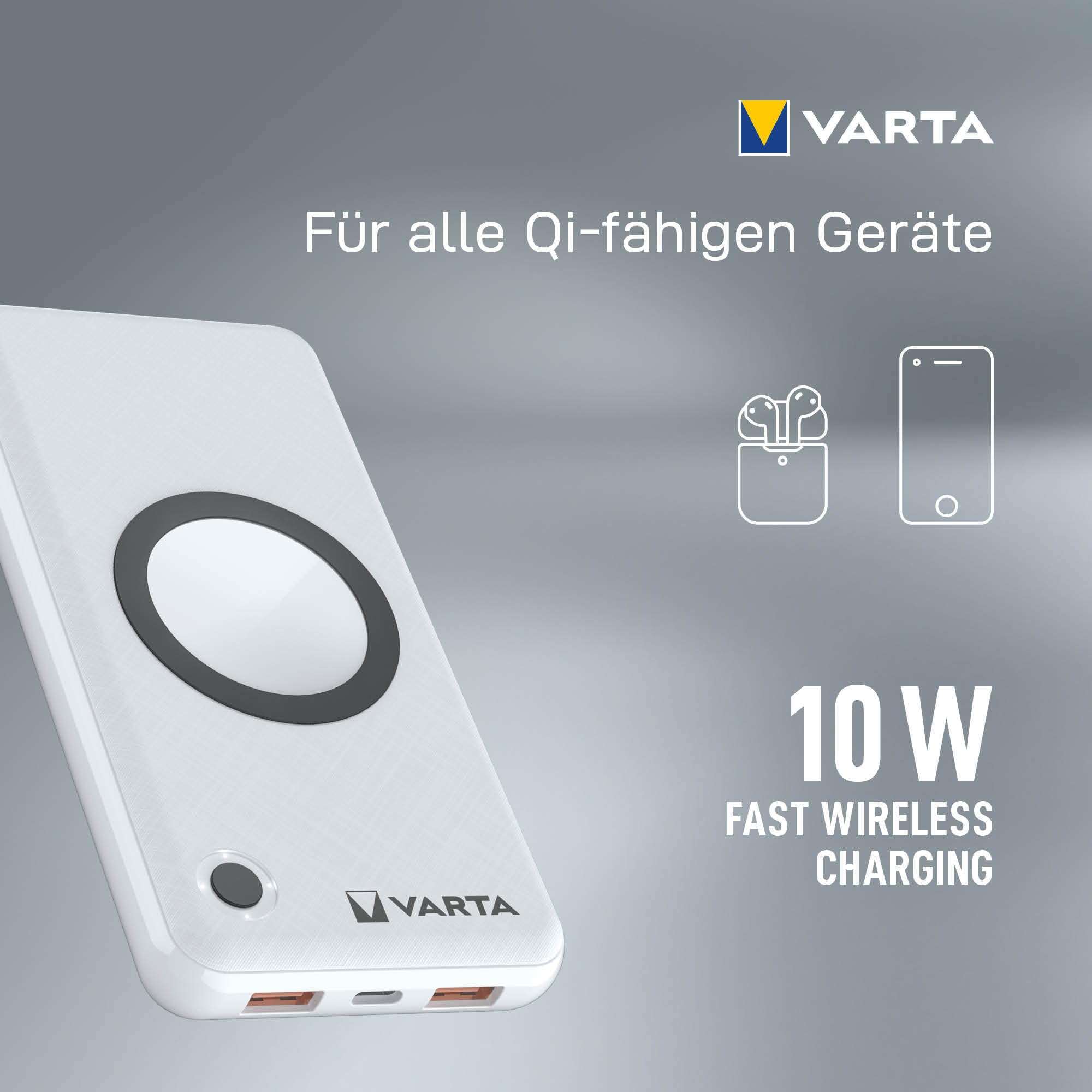 VARTA Wireless Power Bank 15000 mAh, 20 W Fast Charging, USB C PD | power bank 2 en 1 y cargador inalámbrico, Quick Charge, carga inalámbrica, cargador portátil para hasta 4 dispositivos