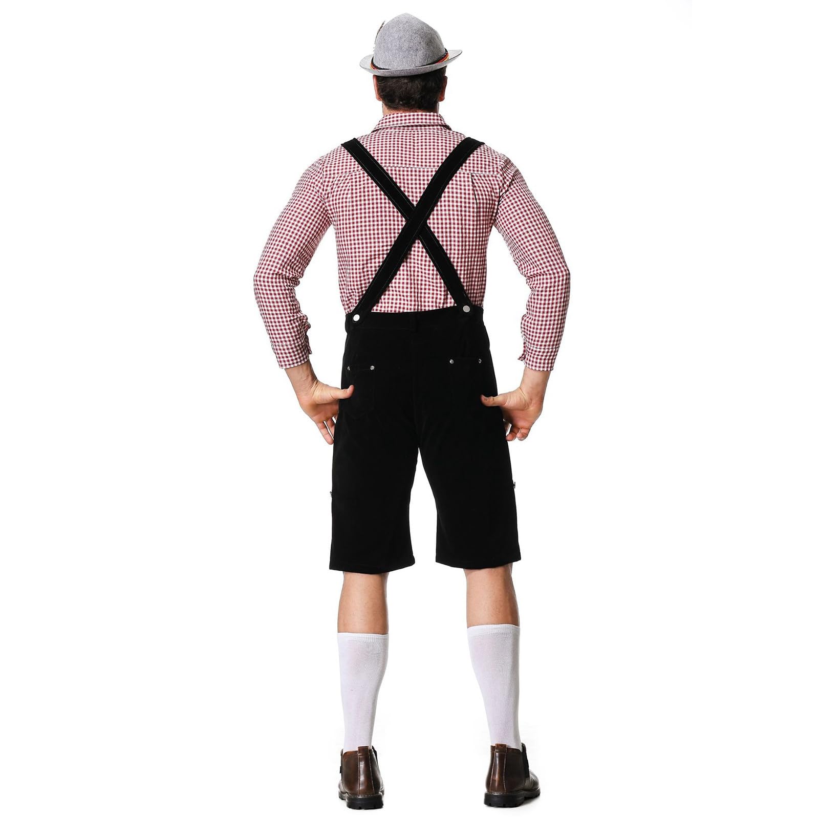 Lederhose Herren Oktoberfest Set, Lederhosen Herren Tracht, Traditionelle Kniebundhose Lang+ Trachtenhemd Männer Trachtenhose M.träger Kariertes Deutsches Bayerisches Oktoberfest-Kostüm Set Für Herren