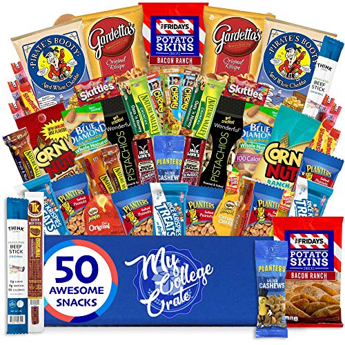 My â€‹Collegeâ€‹ Crate - 50 Piece â€‹Care Package for Men - Snack Box Variety Pack for Adults - Bulk Food Box â€‹withâ€‹ Chips, Jerky, Snack Bars, Nuts â€‹andâ€‹ Pretzels