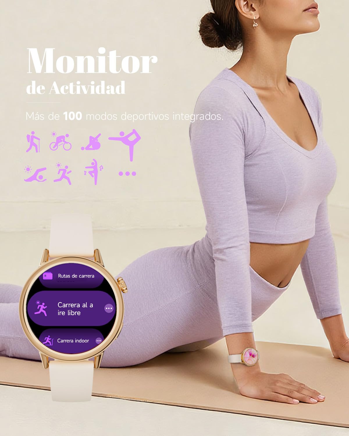 TOOBUR Reloj Inteligente Mujer Pequeño, Pantalla AMOLED de 37 mm, Reloj Deportivo con Contador de Pasos y Calorías, Smartwatch con Llamadas, Compatible Android y iOS Phones, Beige