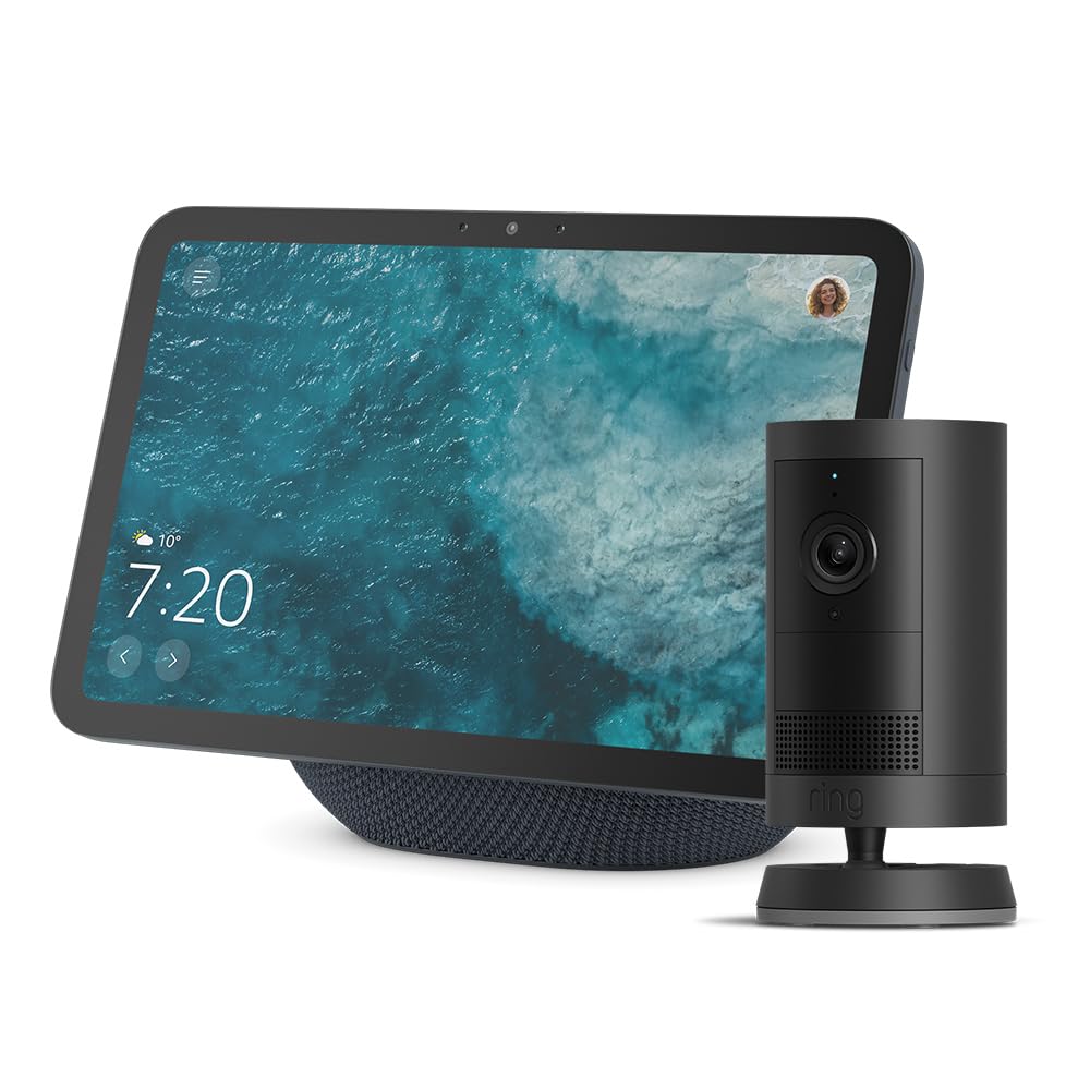 Echo Show 8, pantalla HD 8,7" con audio espacial y Alexa, gris grafito y Ring Cámara exterior Plus con batería, Vídeo 2K gran angular