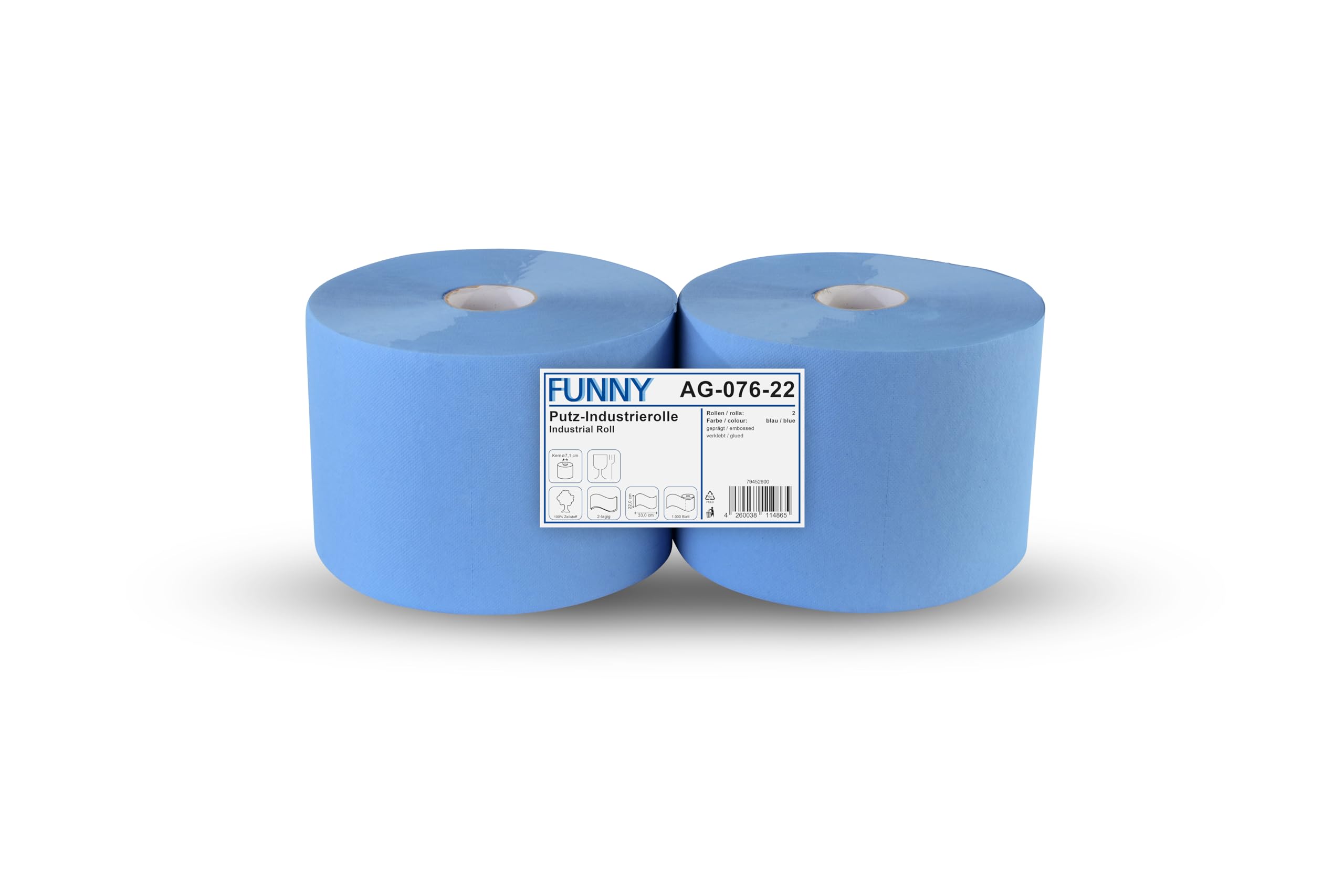 Funny Paper - Toallas de limpieza (2 capas, 22 cm, 2 rollos de 1000 hojas), color azul