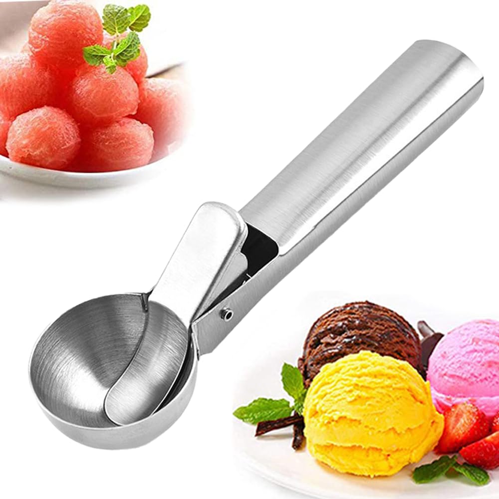joaoxoko Ice Cream Scoop,Stainless Steel Ice Cream Scooper With Trigger Release Perfect for Frozen Yogurt, Gelatos, Meatball Frozen and Sundaes,Silver Medium (A-Silver)