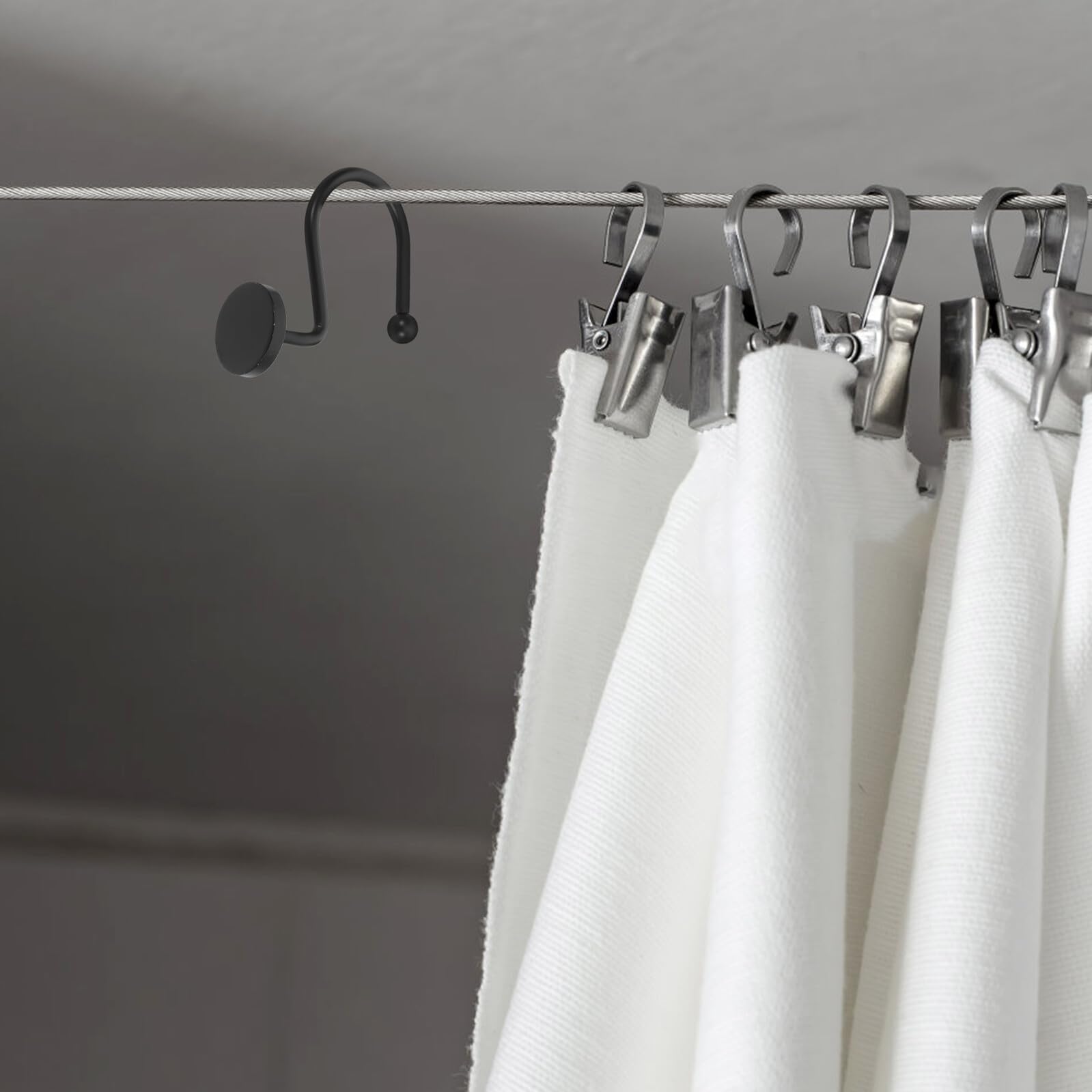 Alipis Lot de 24 Crochets de Rideau Métal Noir Anneaux Ronds Décoratifs Glissement Fluide Résistance Élevée pour Salle de Bain et Accessoires Crochets pour Rideaux Épais