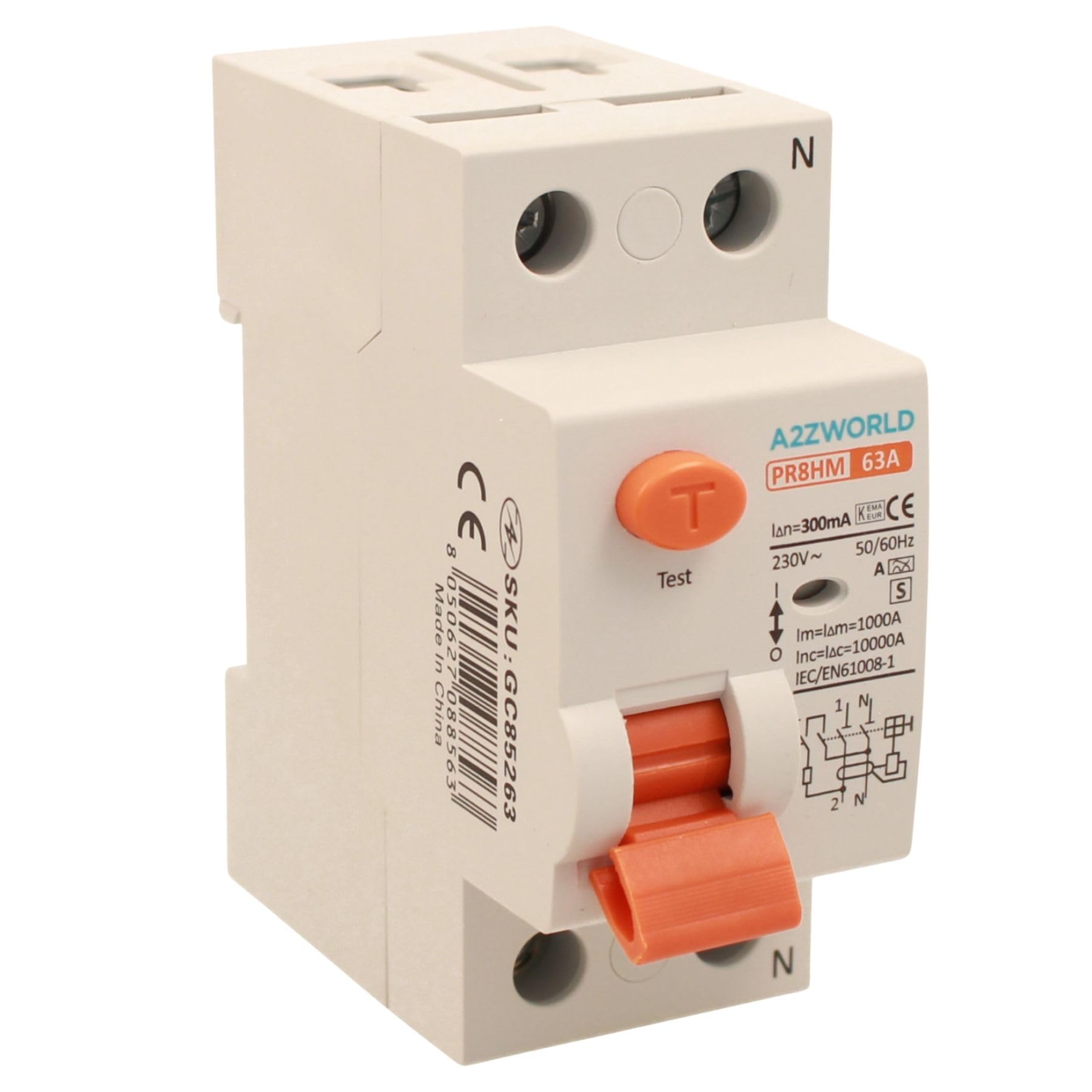 Interruttore Differenziale Puro Selettivo 63A, RCCB Tipo S Classe A, 1P+N 10kA 300mA, Ritardo 500ms, 2 Moduli DIN 230V AC, Certificato IEC61008-1, Serie PR8HM Elettromagnetico