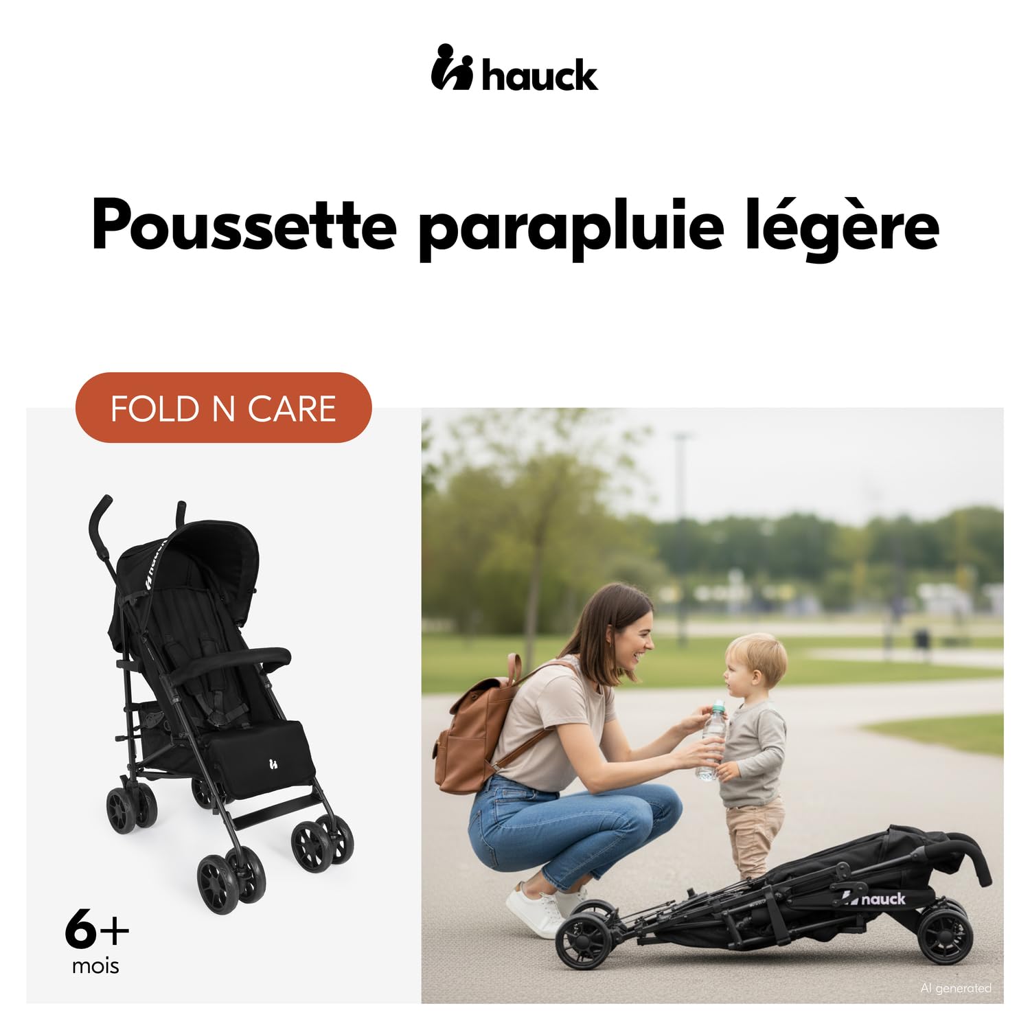 Hauck Fold N Care Poussette Canne Compacte Légère 7,6 kg 22 kg Dossier Inclinable Pliage Rapide UV 50+ Noir