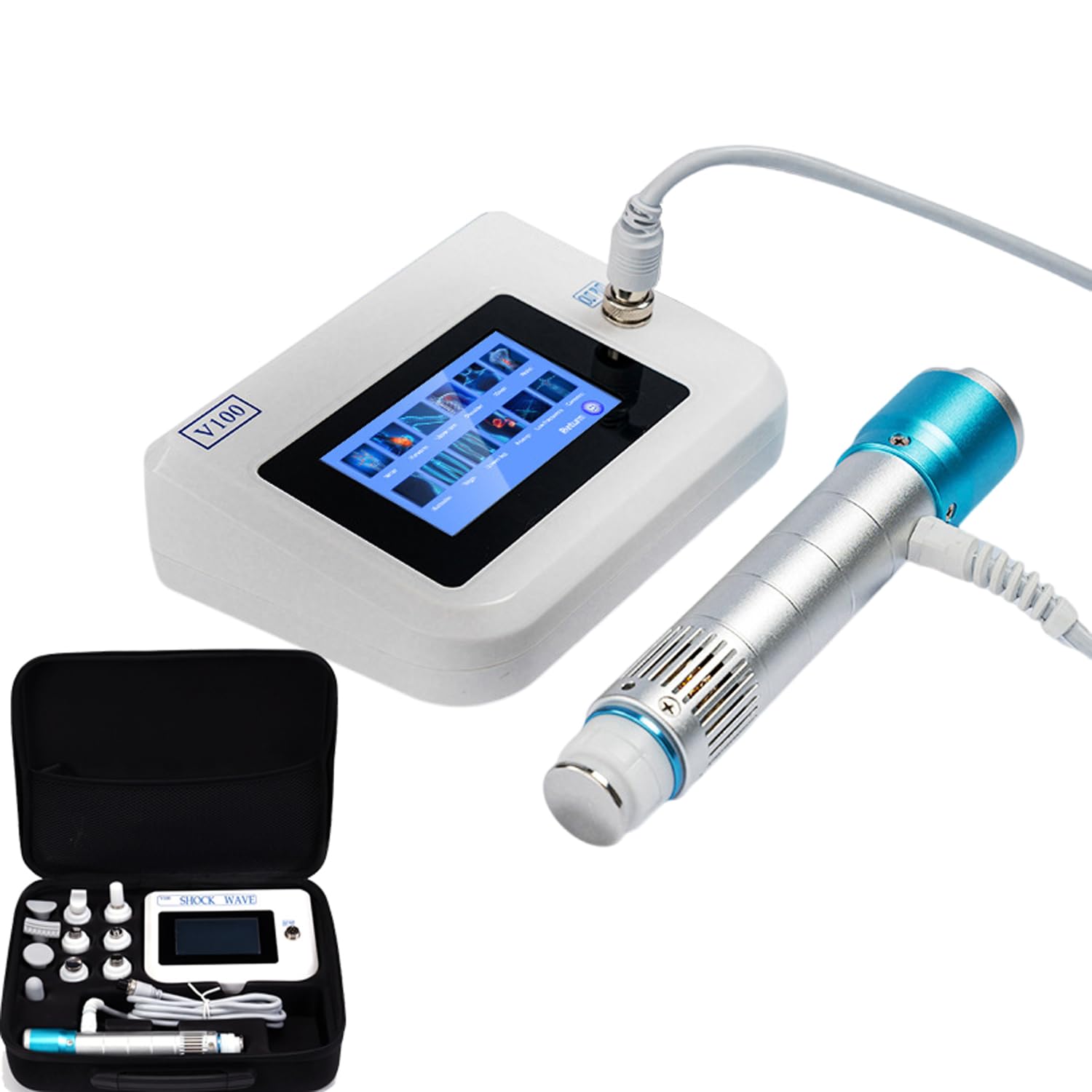 Stoßwellengerät Schmerztherapie, ESWT Stoßwellentherapie Gerät, Extrakorporales ED Stoßwellenmassagegerät Muskelentspannung, Schmerzlinderung, Einstellbare Frequenz 1–16 Hz (V100 Maschine und Griff)