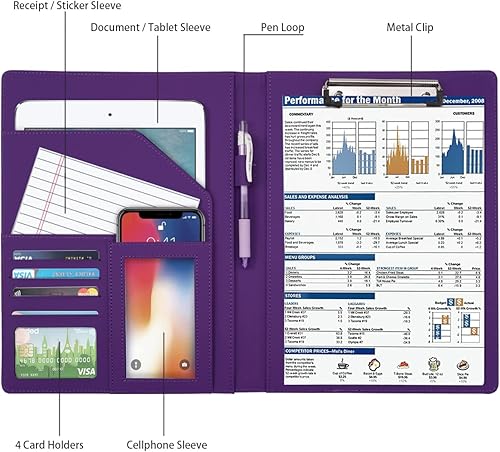 Miniatura 3 de WAVEYU Carpeta para currículum, portapapeles de padfolio, portapapeles de cuero con cubierta para bloc de notas de tamaño carta A4 para conferencias