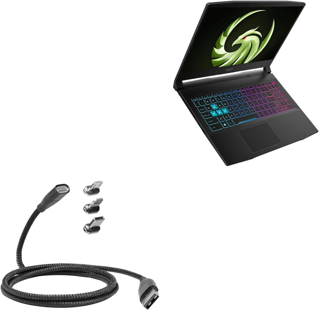 BoxWave Cable Compatible with MSI Bravo 15 C7V - MagnetoSnap PD AllCharge Cable (100W), Magnet Charging Braided USB Type-C Micro - Jet Black