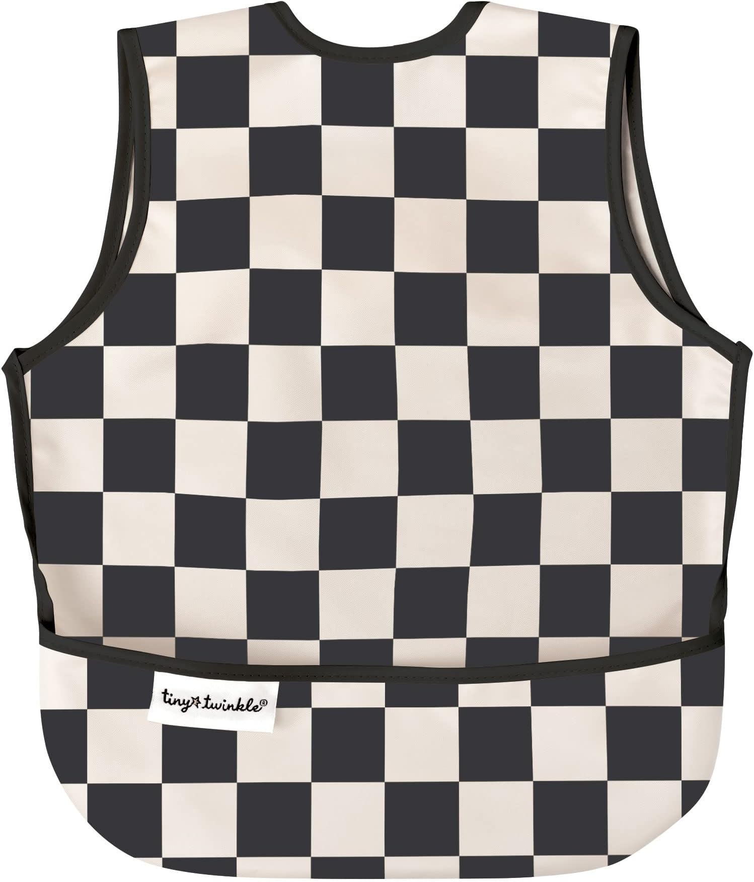 Tiny Twinkle Mess Proof Baby Bib for Boys | Waterproof Toddler Bib for Eating | Baby Apron for Feeding, Machine Washable | Perfect Shower Gift (Black Checkers, 6–24M)