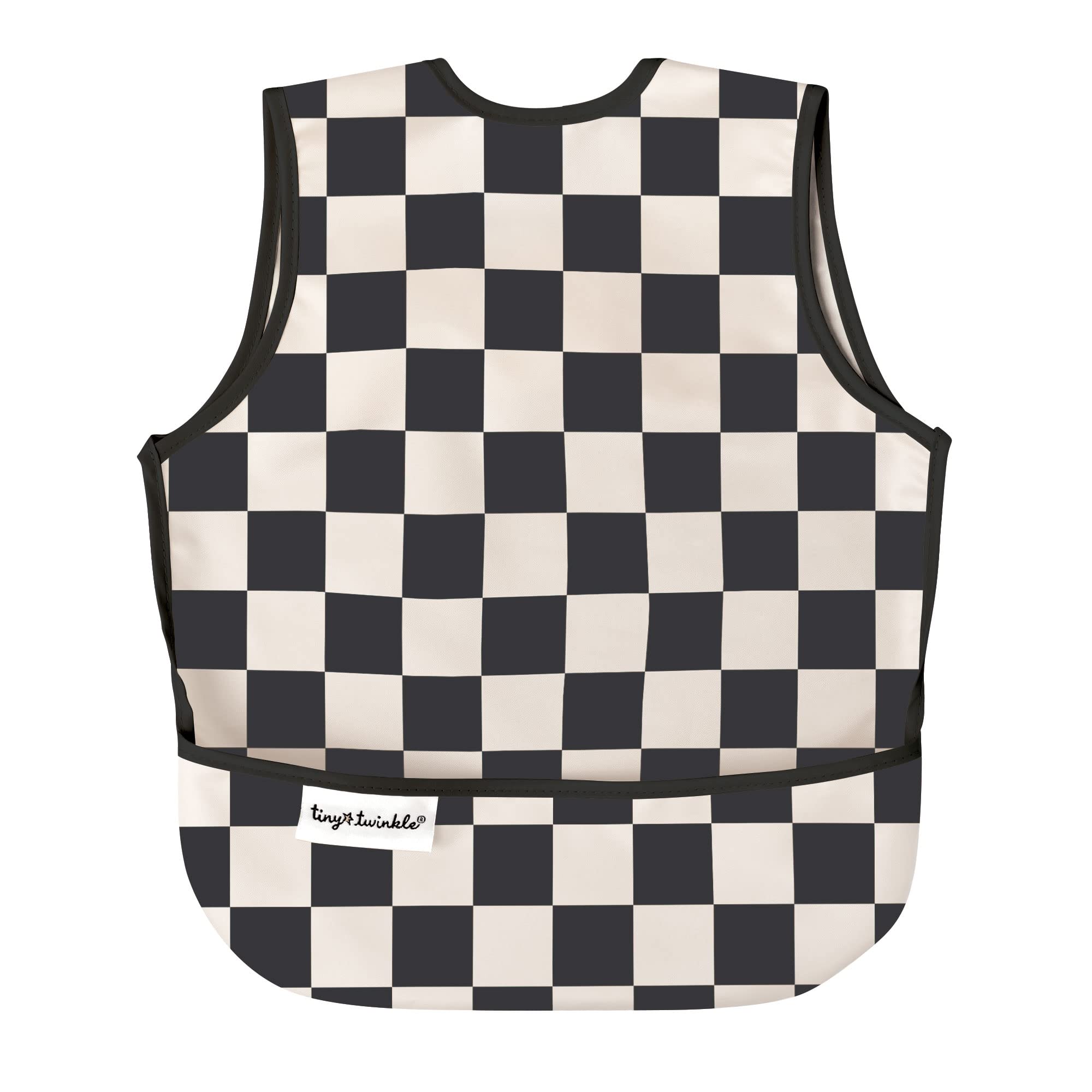 Tiny Twinkle Mess Proof Bib - Baby Apron - Machine Washable - PVC, BPA, & Phthalate Free - Great Travel Bib for Baby Eating - Black Checkers, Small 6-24 Months