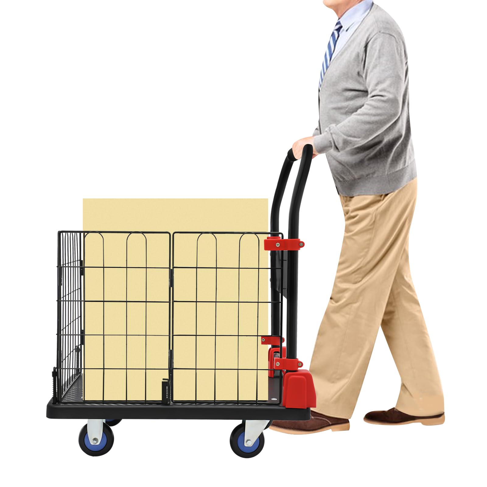 330lbs Platform Truck, Removable Cage Cart, Flatbed Hand Dolly Cart, Heavy Duty Hand Truck w/Removable Cage for Grocery/Laundry/Stall/Storage/
