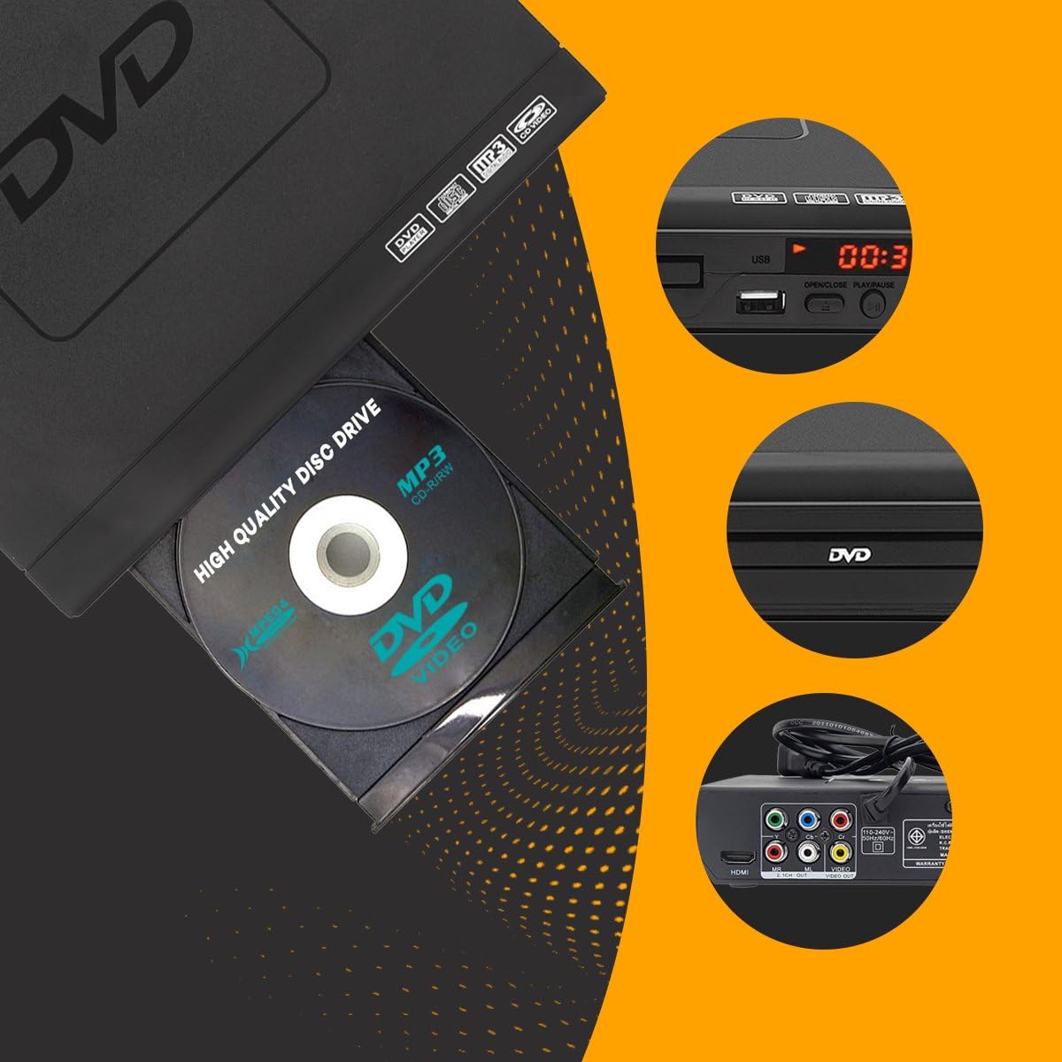 Lettore DVD nero con HDMI, cavo AV e telecomando – lettore multimediale Full HD 1080p, lettore multi-formato per DVD, CD, MP3 e MPEG4 – dispositivo USB plug & play – lettore DVD e CD portatile