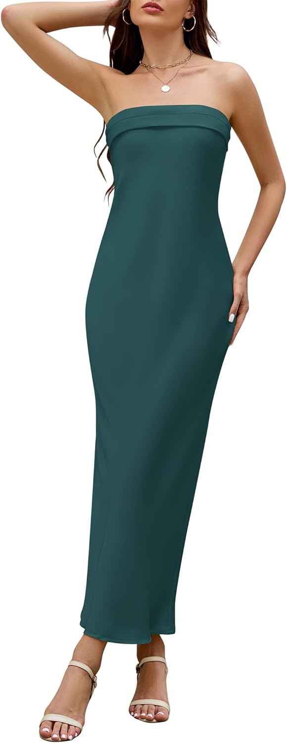 Women's 2025 Summer Strapless Satin Maxi Dresses Formal Elegant Silk Tube Bodycon Backless Wedding Guest Long Dress Small Teal_dark Blue