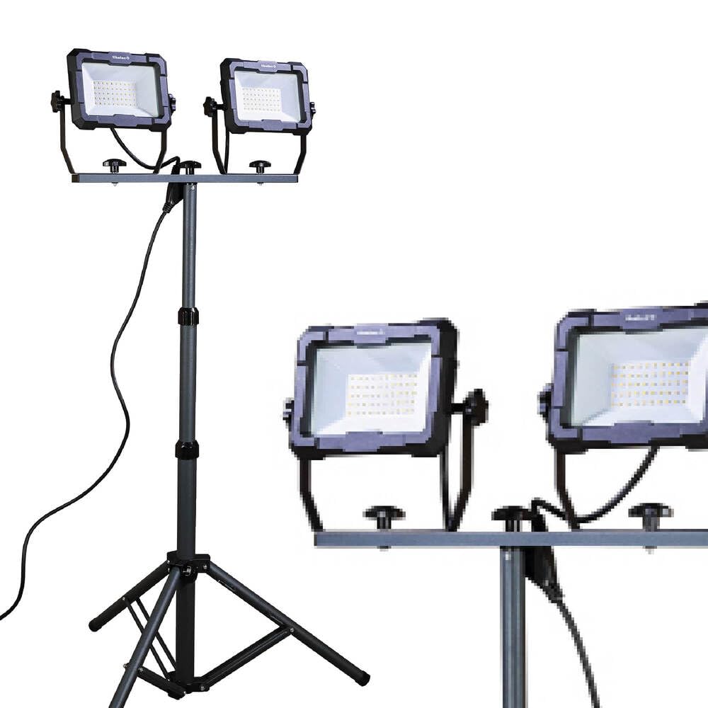 TIBELEC, 347780, Projecteur LED de Chantier, 2 x 50W, 2 x 8200lm, Blanc neutre « lumière du jour », +/- 30 000h, Classe I, Indice de protection : IP65, Orange et noir, 180cm