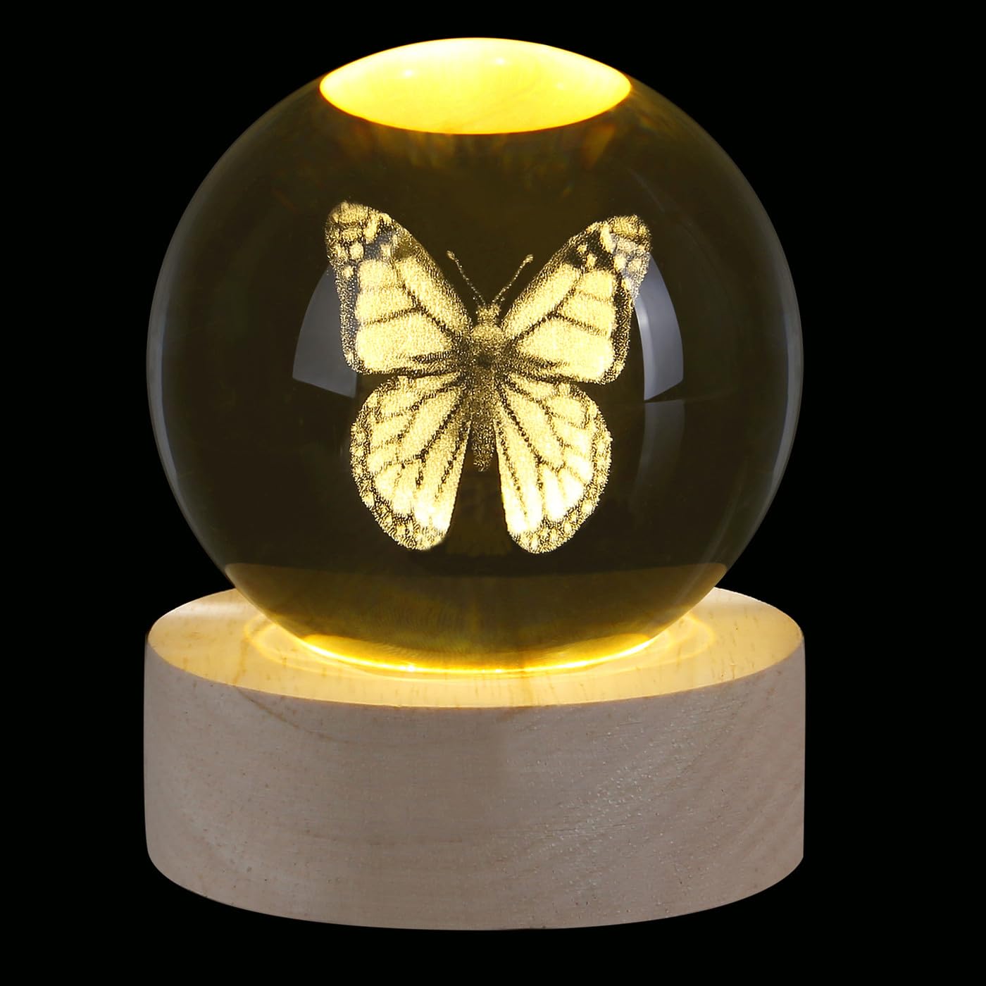 Sahoottie 60mm Butterfly 3D Engraved Crystal Ball with Wooden Base Glass Paperweight Butterfly Gift for Women Figurine Glass Ornament Decoration