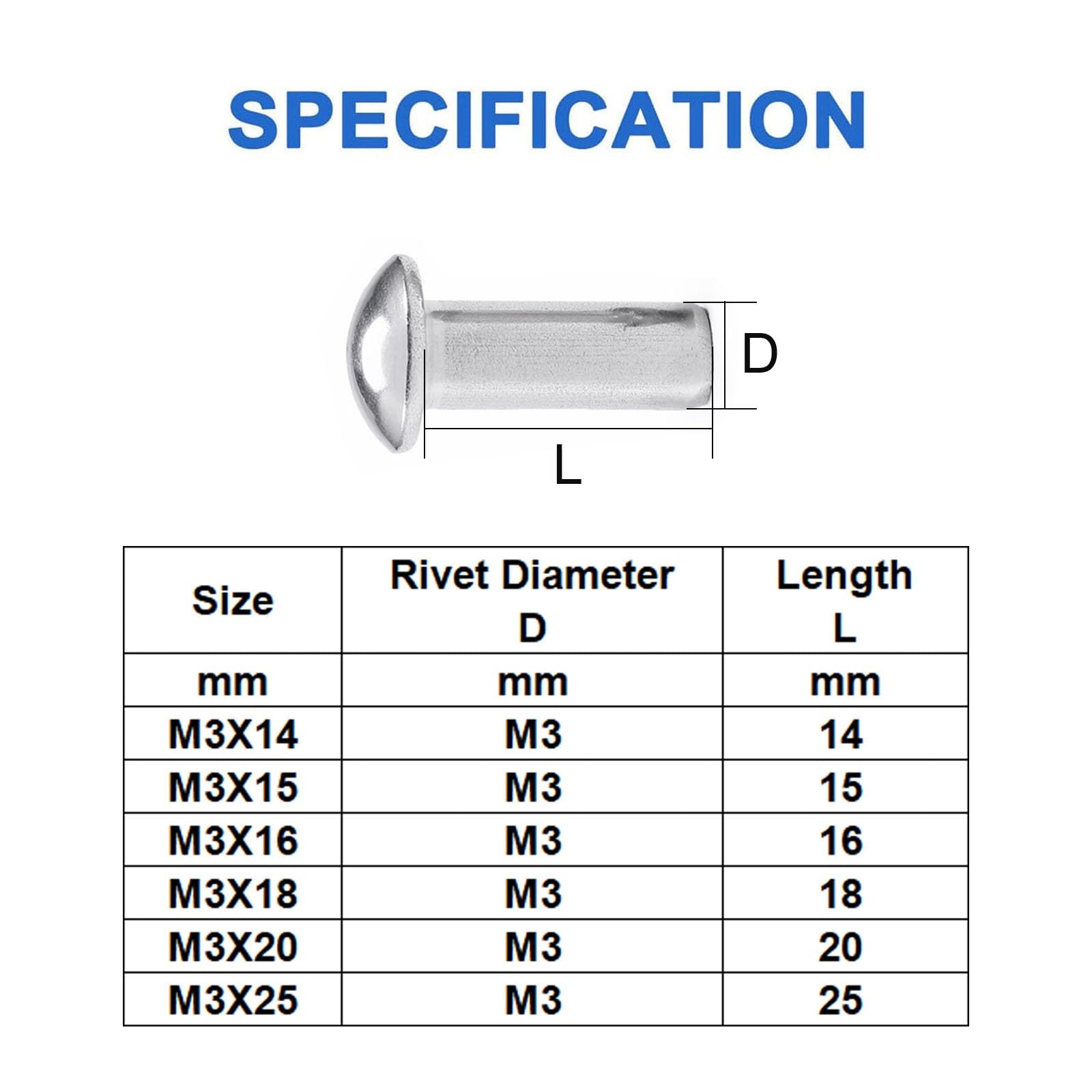 100 Pièces Rivets Massifs M3X45mm, Acier Inox Rivets Solides Tête Bombée