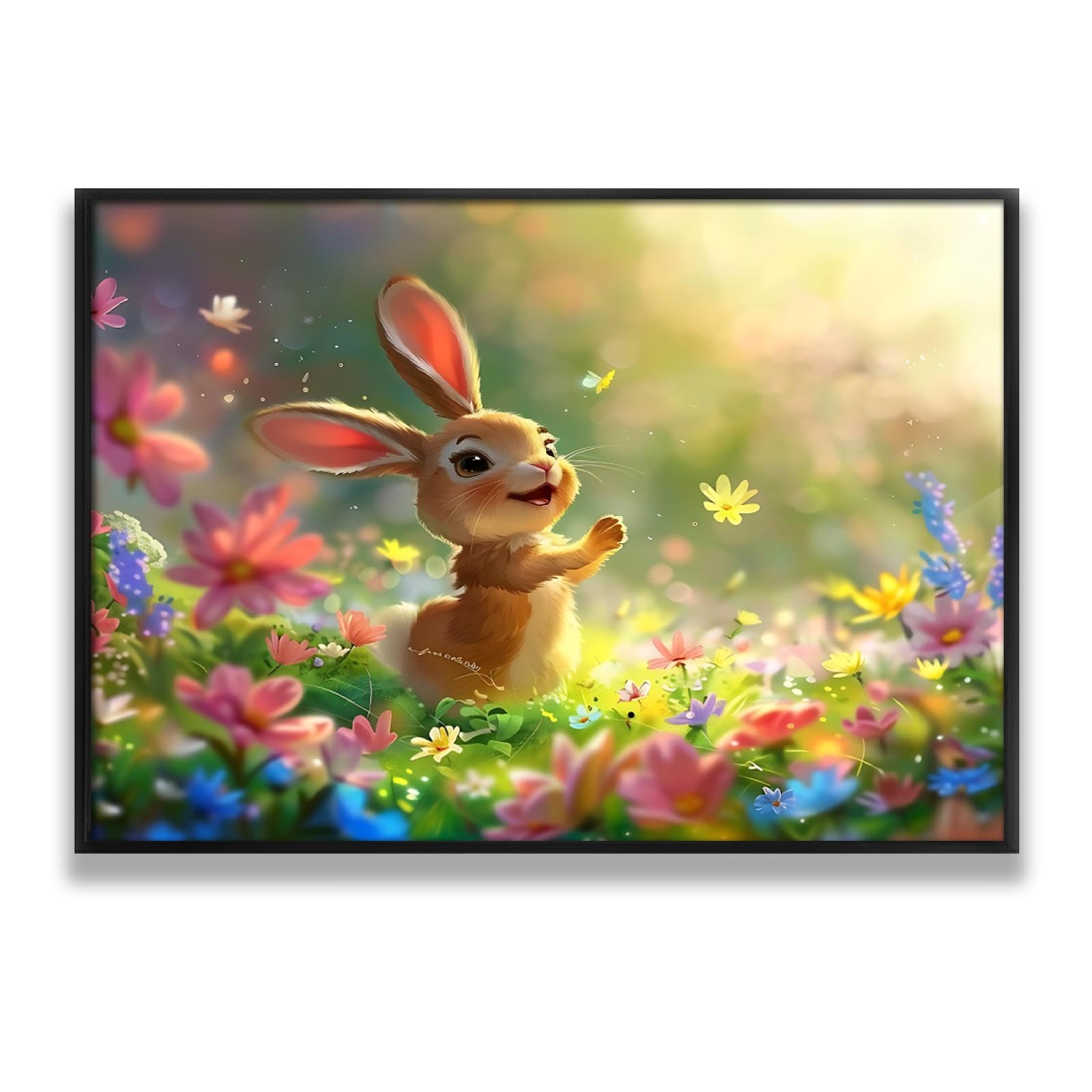 Via Vela Mignon Lapin Floral Toile Art Mural Vibrant Animal Images Nature Paysage Oeuvre d’art Impressions Lapin Jardin Affiche Peinture pour Bureau Décor 40x60cm avec Cadre Noir