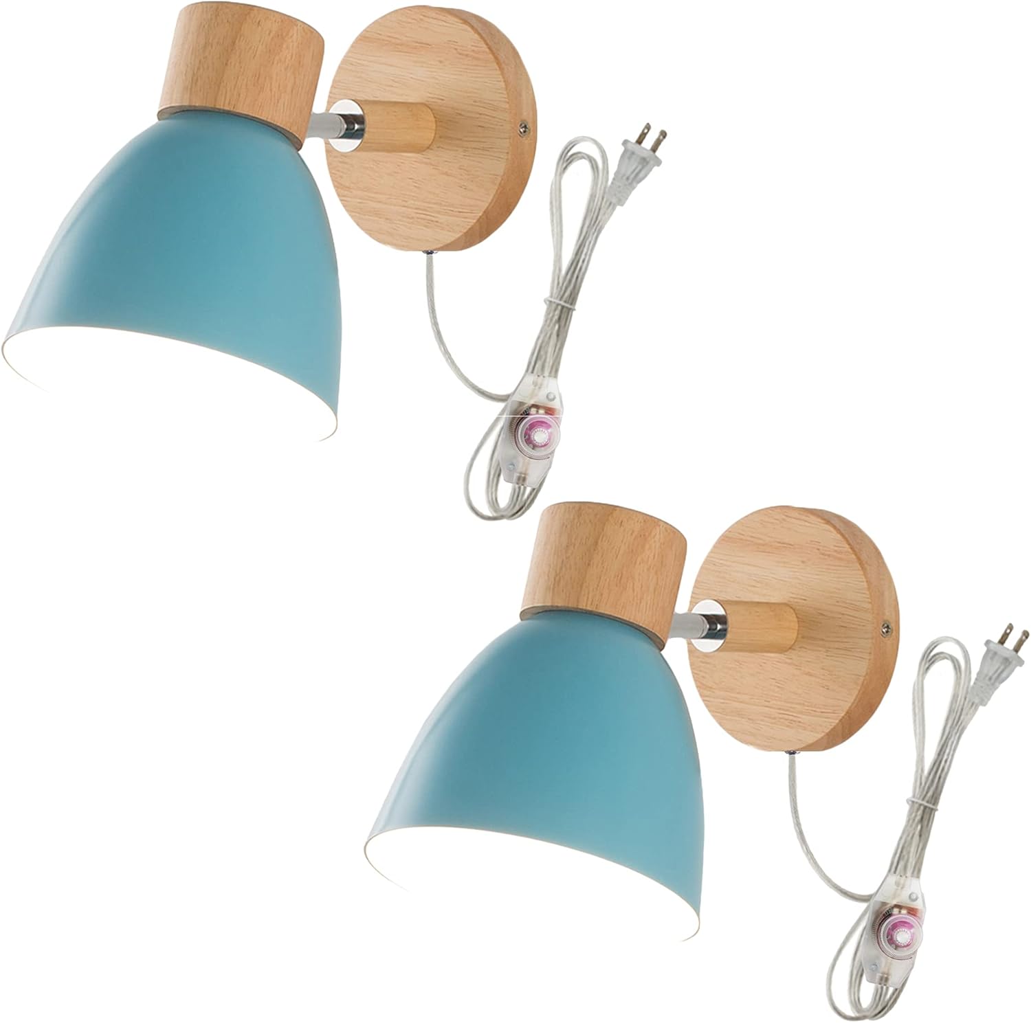 2-Pack Adjustable Wall Sconces with UL Plug-in Cord Bedside Reading Light E26 Aluminum Blue Shade Macaron Industrial Wall lamp Fixture for Hallway Kitchen Island Task Lighting for Reading
