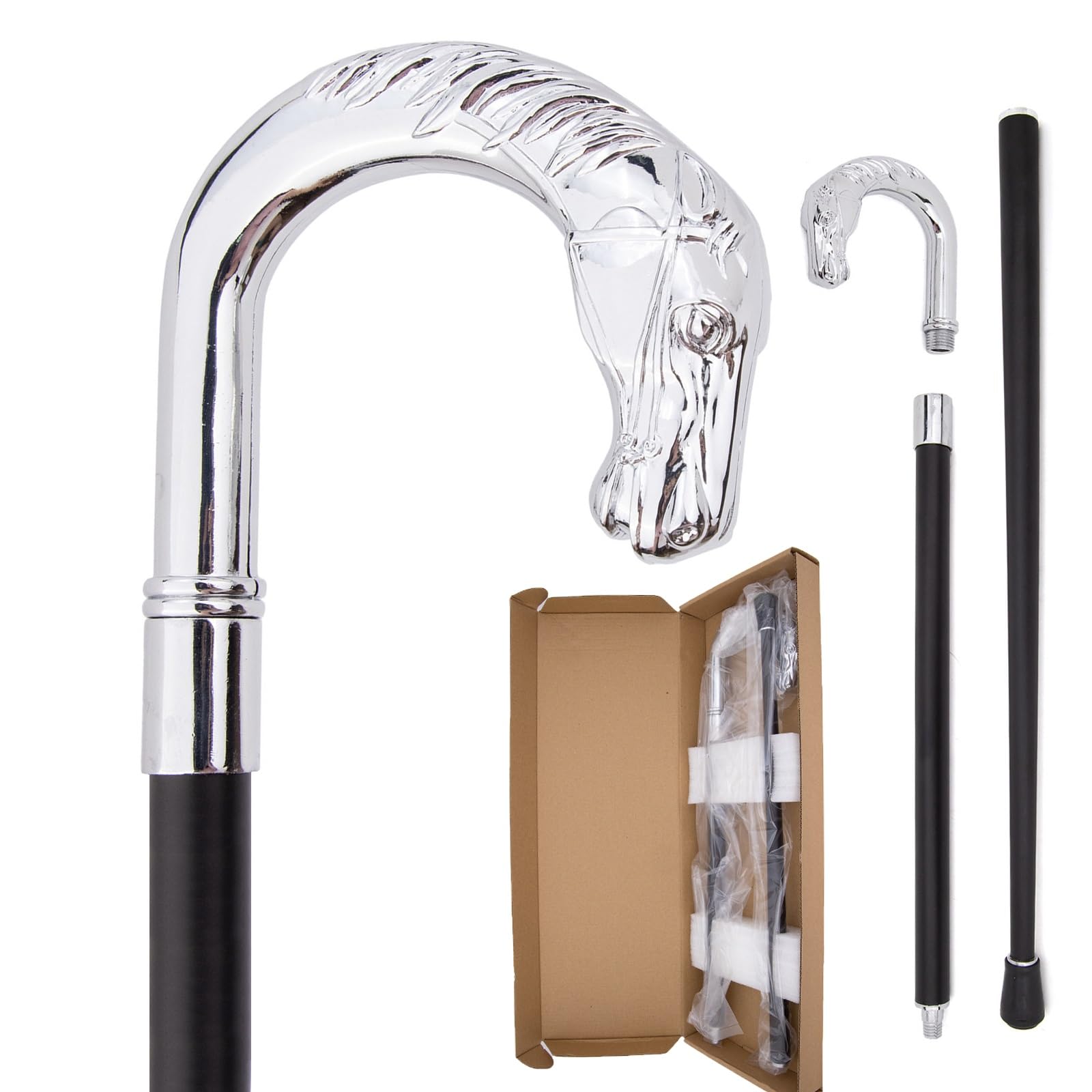 Bastón con Empuñadura en Forma de Cabeza Caballo Plateada, Senderismo Metal Lujo Estilo Británico, Decorativo Elegante y Original para Caballeros