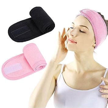 Facial Spa Headband - 2 Pcs Makeup Shower Bath Wrap Sport Headband Terry Cloth Adjustable Stretch Towel with Magic Tape