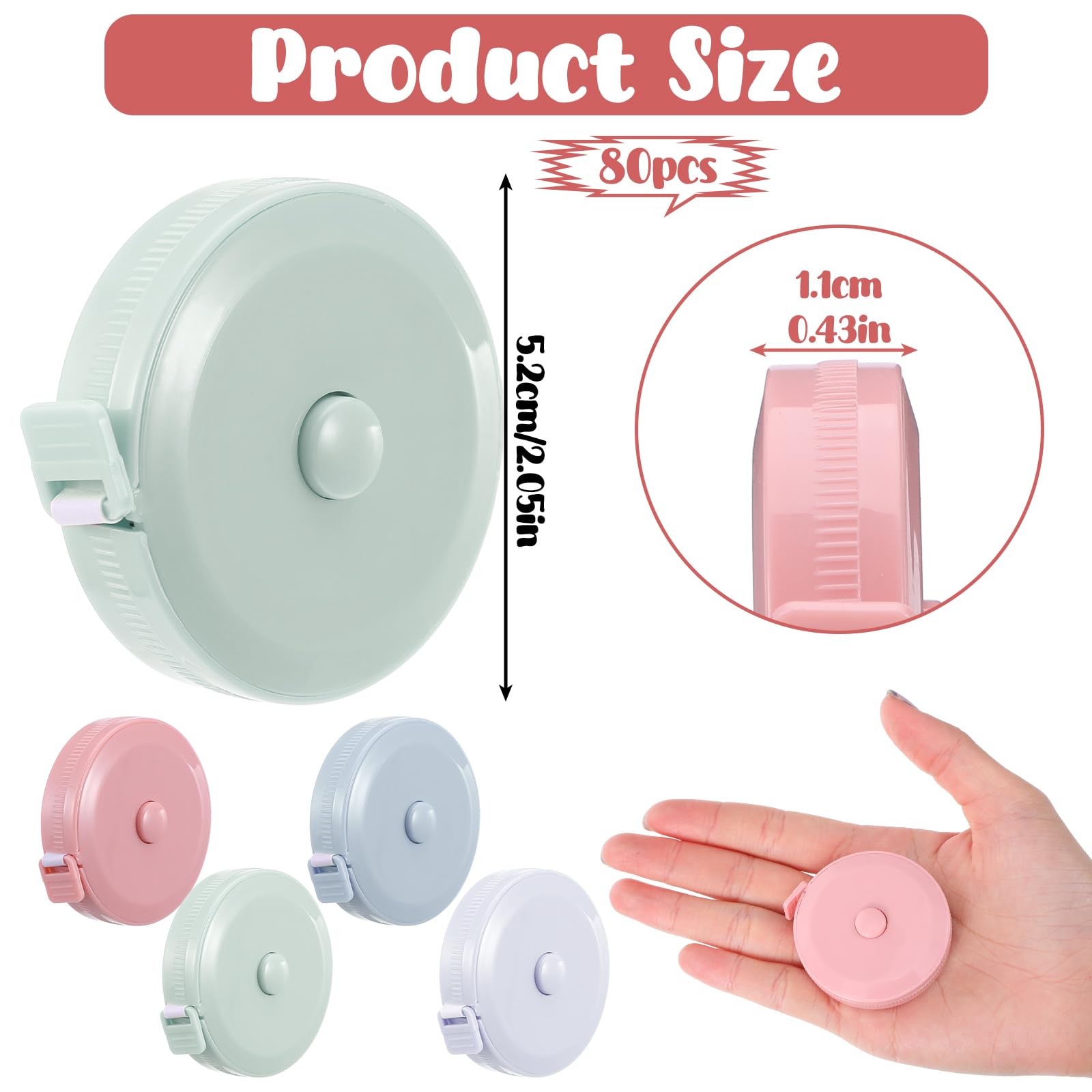 Lemecima Schneidermaßbänder, einziehbares Maßband-Set in 4 Farben (Blau, Rosa, Grün, Weiß), 152,4 cm, weiches Nähband für Körperstoffmessungen, Nähen, Schneidertuch, Heimhandwerk, 80 Stück