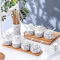 Vista 5 de Tarros de especias para condimentos, tarro de cerámica azul y blanco para restaurante con vinagre retro, tarro de chile, tarro de sal, salsa