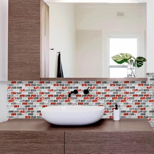 Waldecoo Marble Peel And Stick Backsplash For Kitchen, 10-Sheet Stick On Backsplash For Bathroom, Self-Adhesive Kitchen Backsplash, Red Marble Look Decorative Tiles（12"×12"） #TOP7