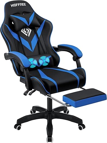 Silla de juegos con silla ergonómica de masaje para computadora con reposapiés y soporte lumbar, silla de juegos de PC reclinable para niños con
