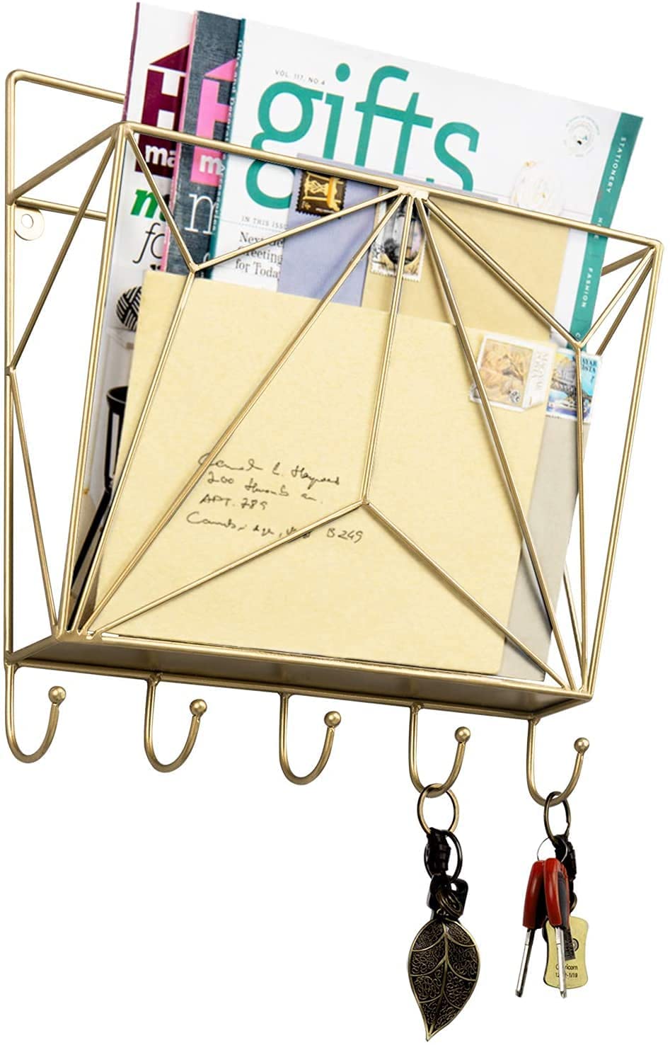 INDIAN DECOR 38015 Modern Geometric Gold Metal Wire Wall Mounted Mail Sorter Magazine & File Storage Organizer Rack with 5 Key Hooks - Golden-image-8