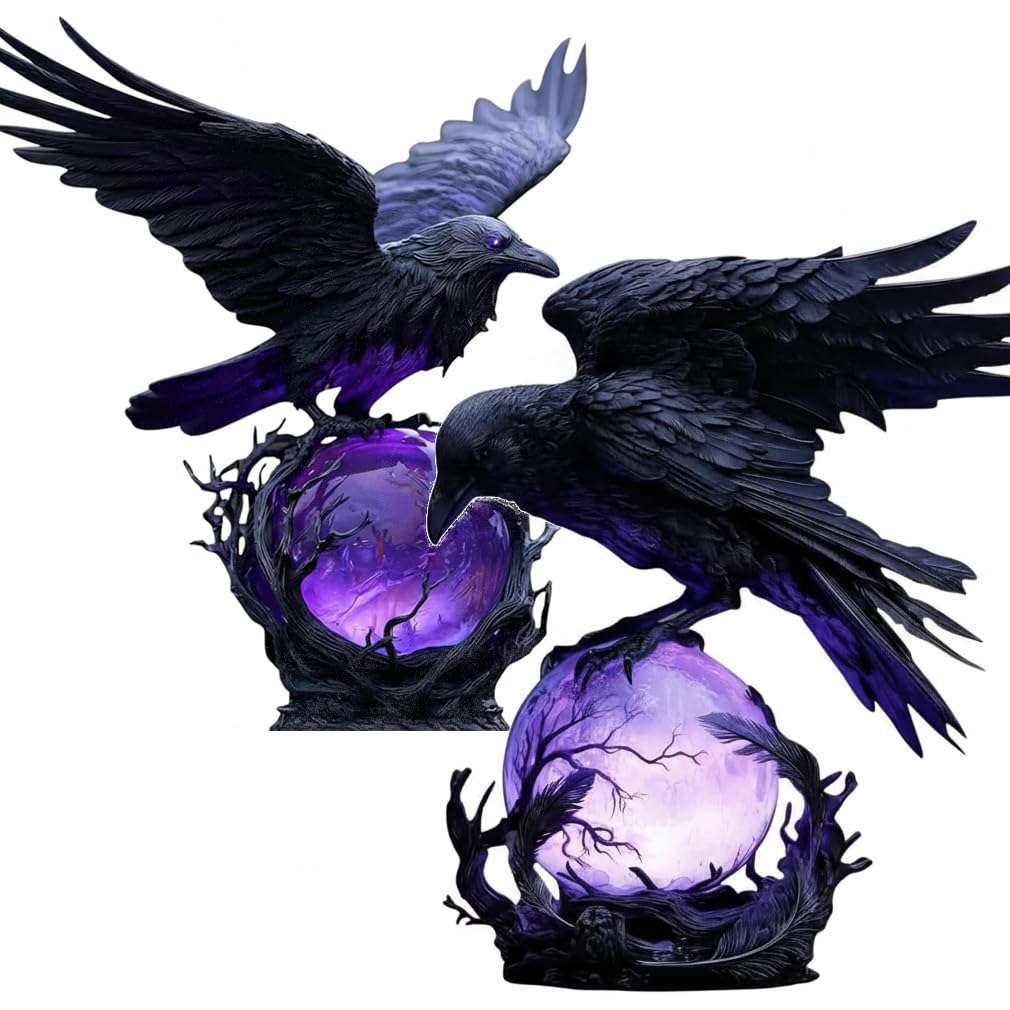 Wpduiodf Mix-2Pcs “Raven’s Moonlight” Gothic Led Lamp – Mysterious Crow On Glowing Orb Sculpture, With Violet Light, Adjustable Brightness,Unique Gift For Collectors, Halloween Enthusiasts(Mix-2Pcs)