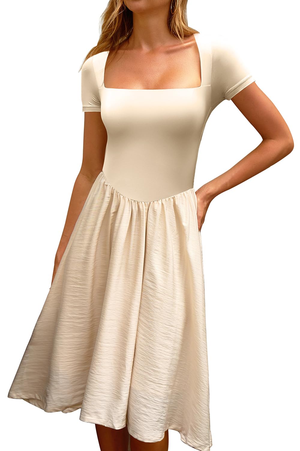 CHYRII Women Fashion Summer 2025 Square Neck Short Sleeve A-Line Midi Dress Long Sundress