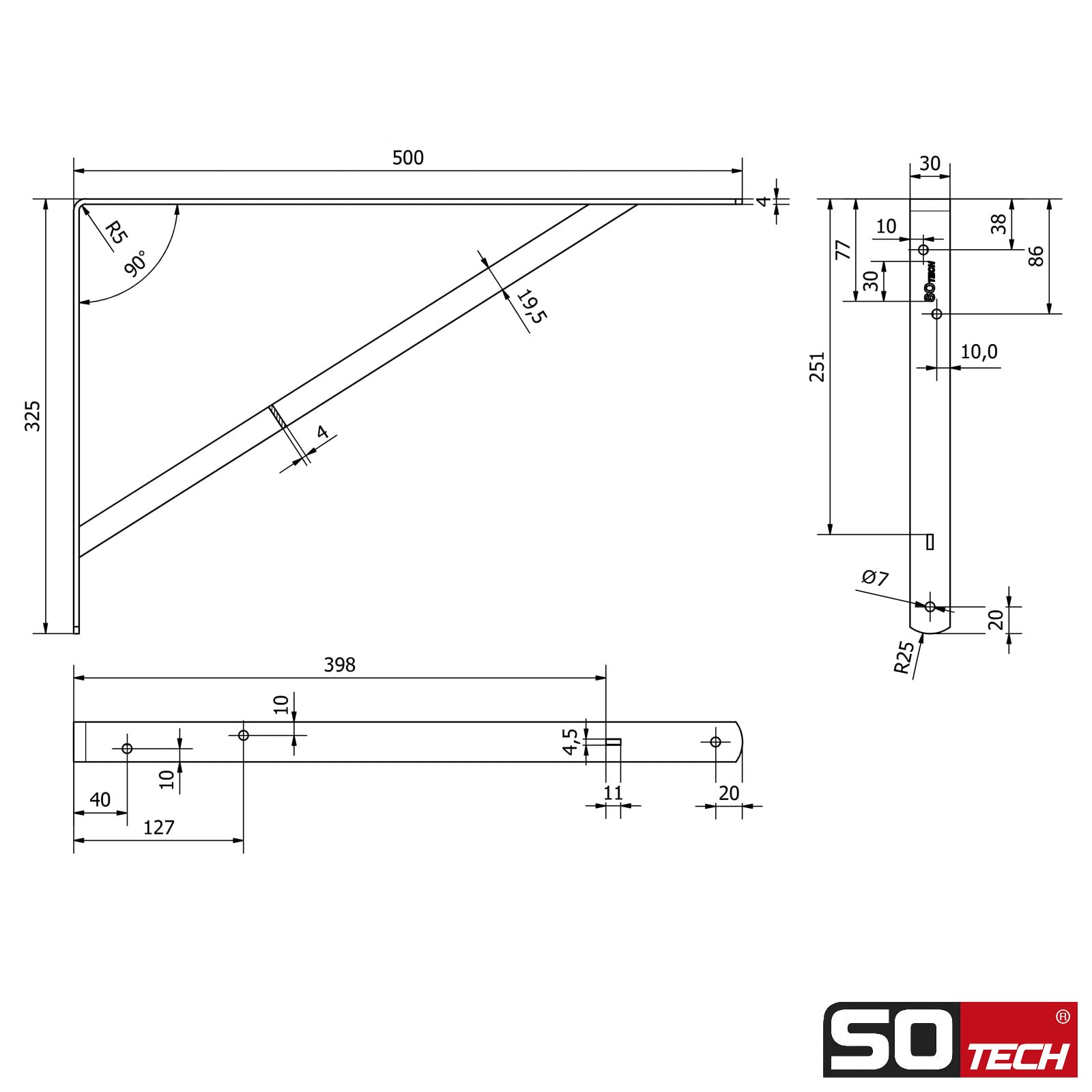 SOTECH 10er Set Regalkonsolen (500 x 325 x 30 mm, schwarz, pulverbeschichtet), Regalträger mit Querstrebe zur Stabilisierung