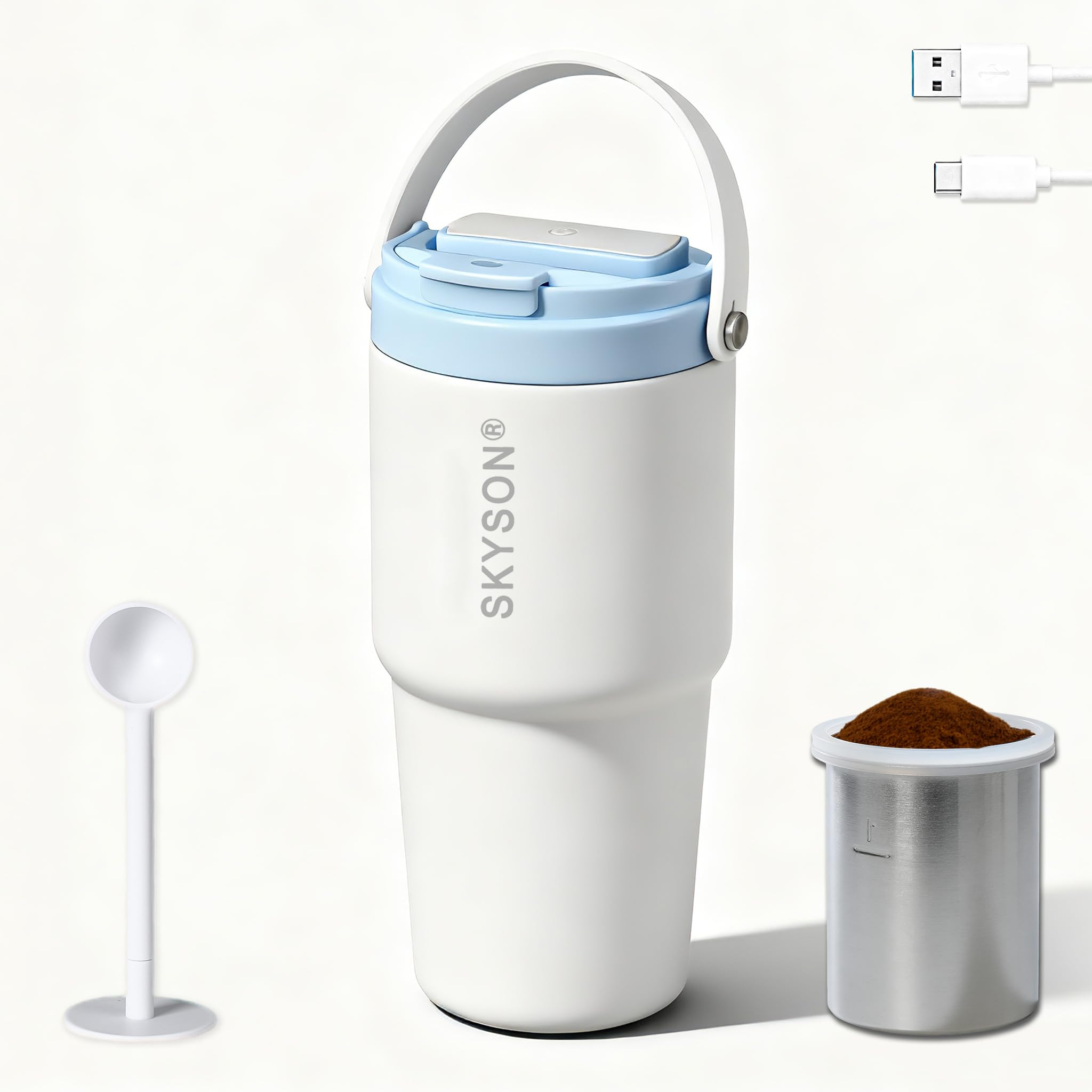 Photo 1 of Portable Coffee Maker Mug for Travel,Mini Espresso Coffee Machine,20 oz Thermos Cup with Lid Fast Extraction Electric Filter Brewer,Insulated Stainless Steel Tumbler(White)