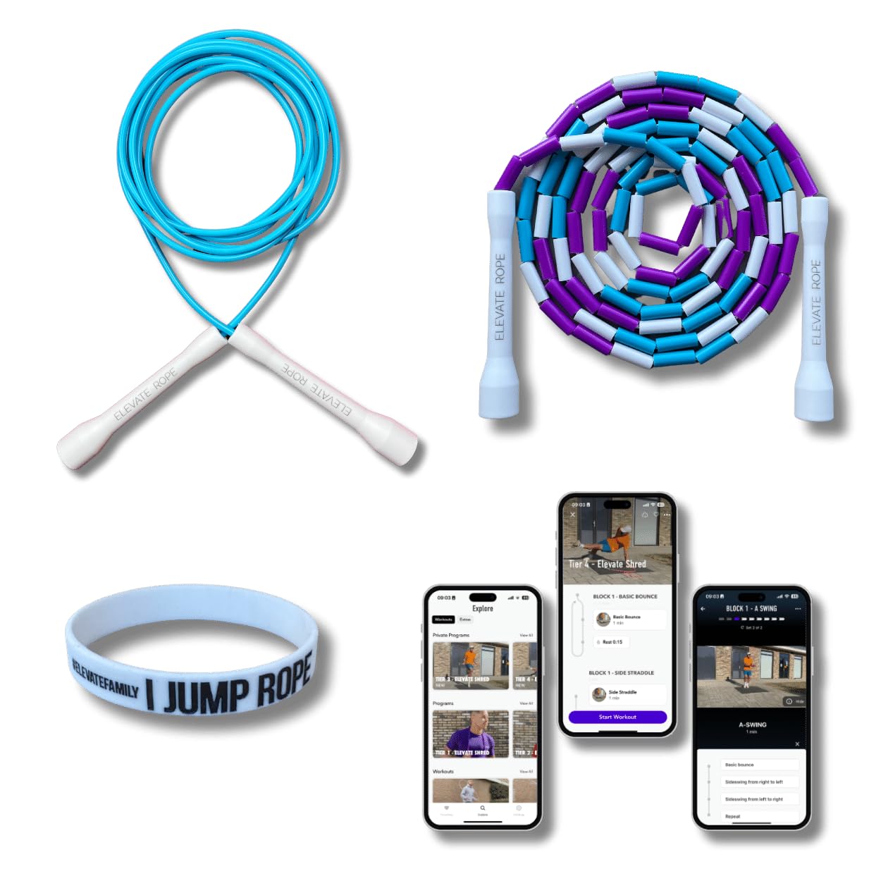 Elevate Rope - Pacchetto di corda per saltare con app per allenamento - 2 x corda per saltare regolabile - Adulti e bambini - Speed + corda con perline - Condizioni e trucchi - Interno/Esterno - Set