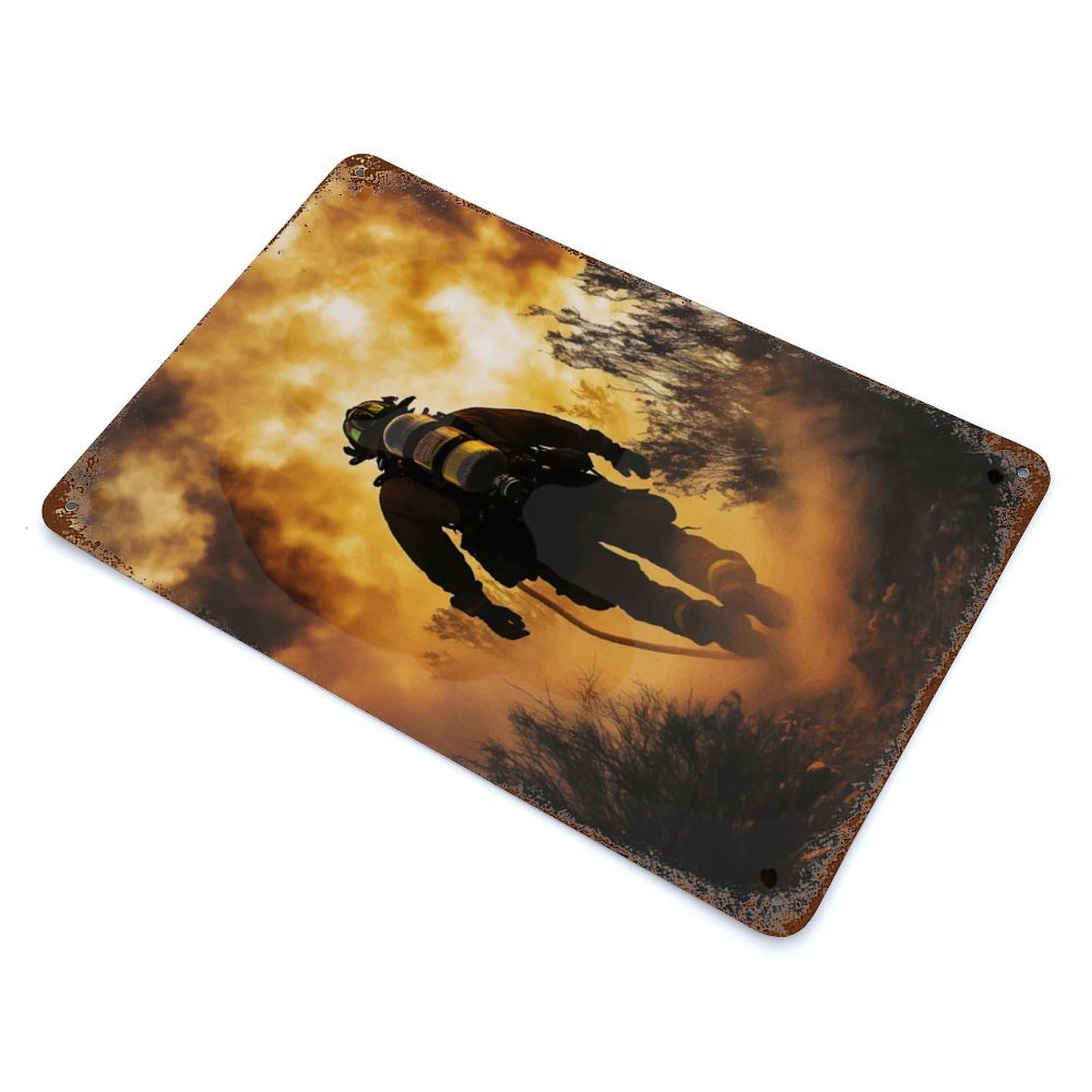 Rust Effect Firefighter in Smoke Rusty Metal Tin Sign 11.8"x7.9", Old School Wall Decor for Cafe, Home Bar And Lounge Decor
