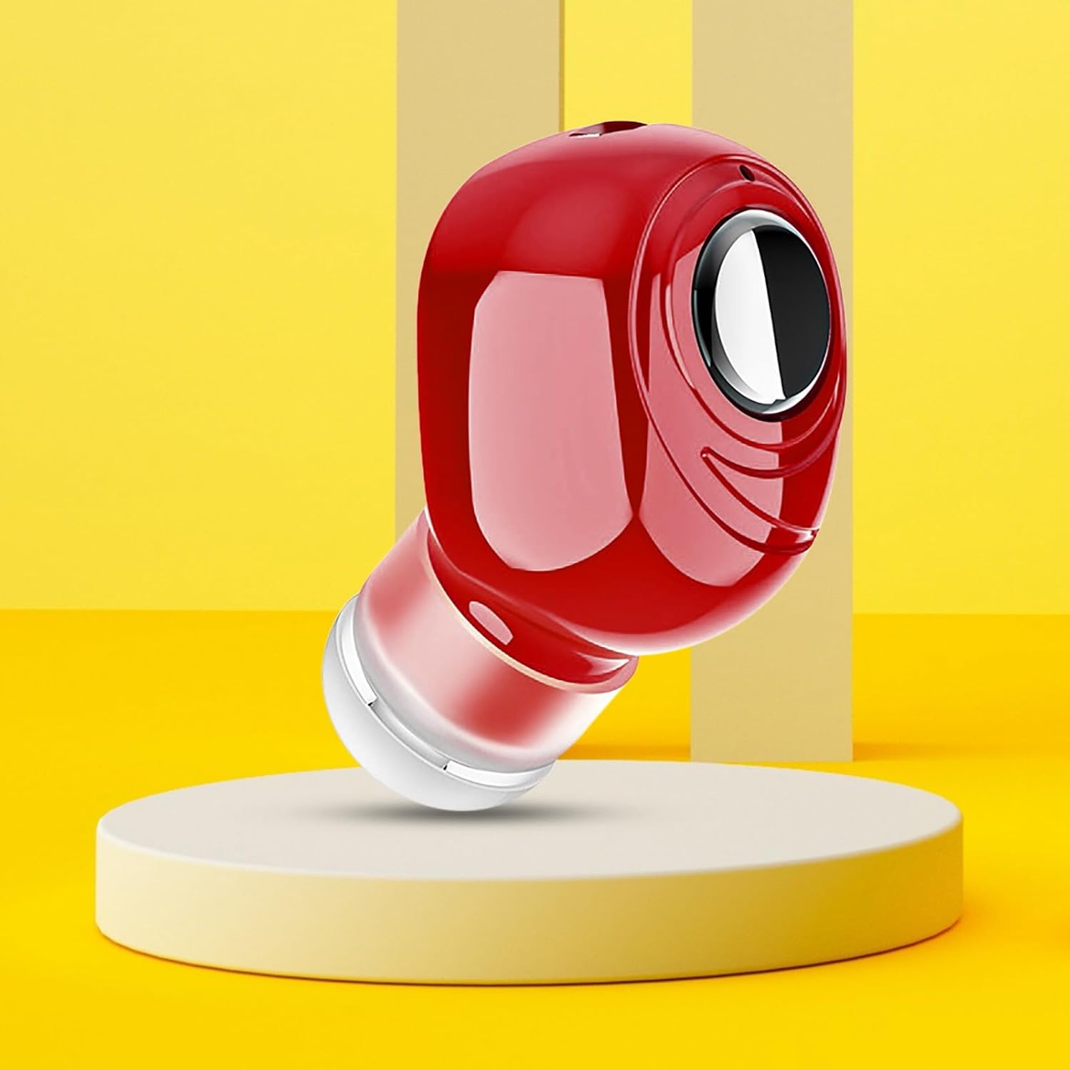 The red K08 earbud displayed on a small white pedestal against a yellow and grey background.