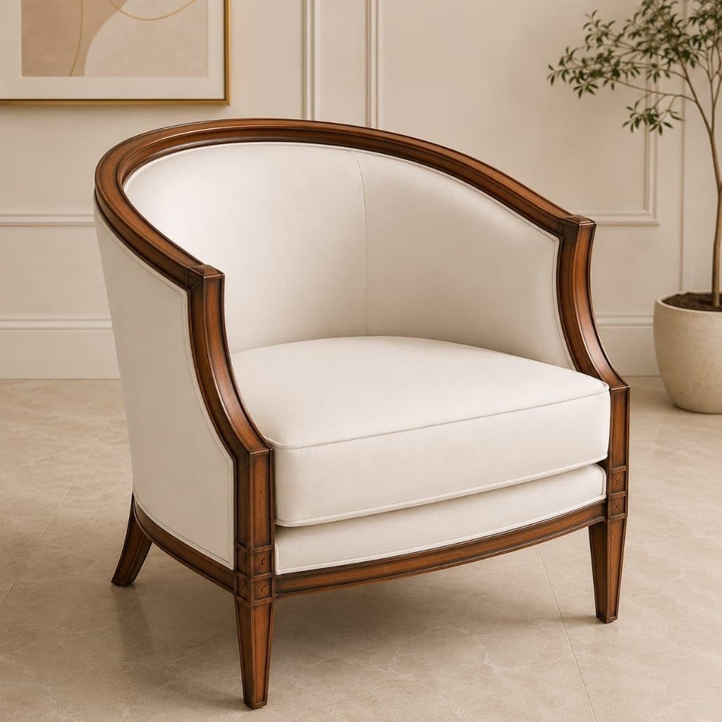 Heritage Classic Curved Barrel Accent Chair – Premium Single Seater Armchair with Solid Wood Frame & Deep Cushioned Seat for Living Room, Bedroom, Lounge & Office (Cream White/Walnut)-image-5