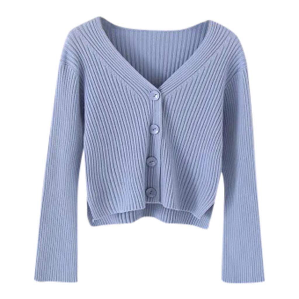 Sale Women's Button Down V Neck Long Sleeve Cropped Soft Sweater Knit Cardigan Coat(Blue,Free Size)