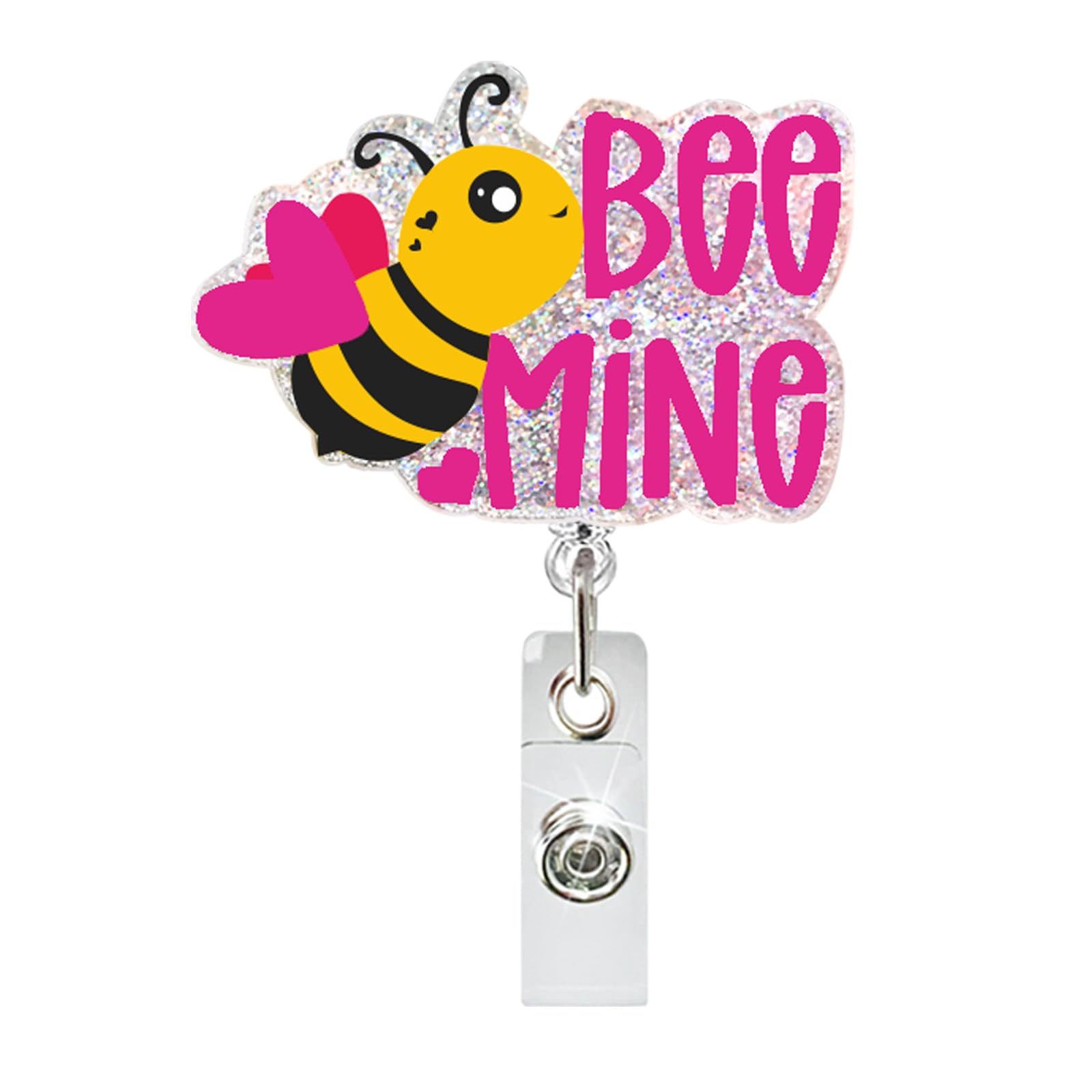Valentine's Day Bee Mine Nurse Badge Reel Retractable Glitter Cute Pink Name Tag Acrylic Alligator Clip Valentines Badge Clip ID Badge Holder for Nurse Work Teacher RN Student Cop Office Staff