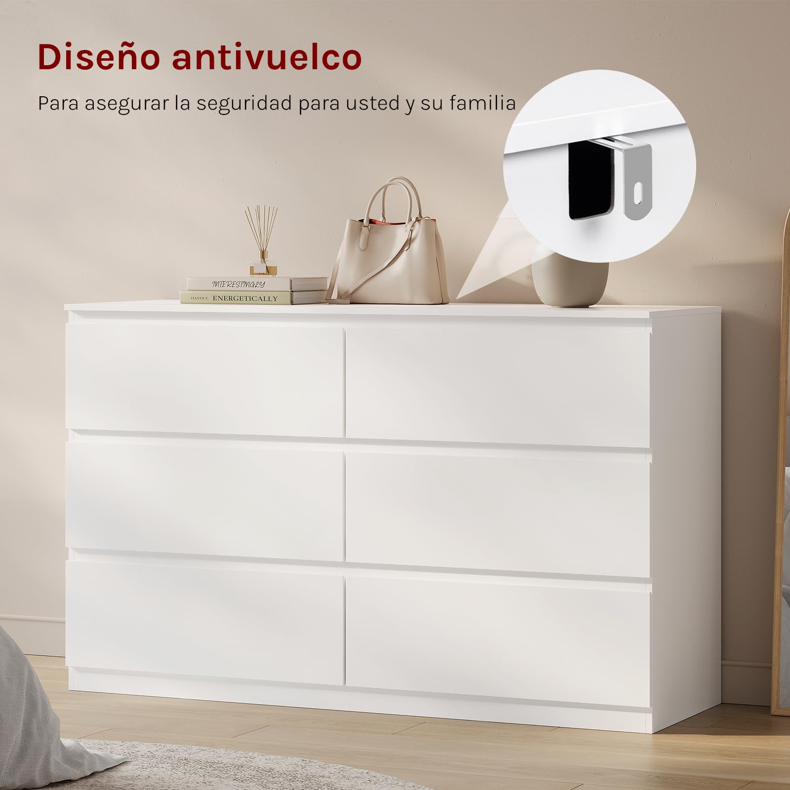 WOLTU Cómoda Cajonera, Cajonera Organizador | 6 Cajones, Moderno, Almacenamiento para Dormitorio, Salón y Pasillo, 120x40x75 cm, Blanco