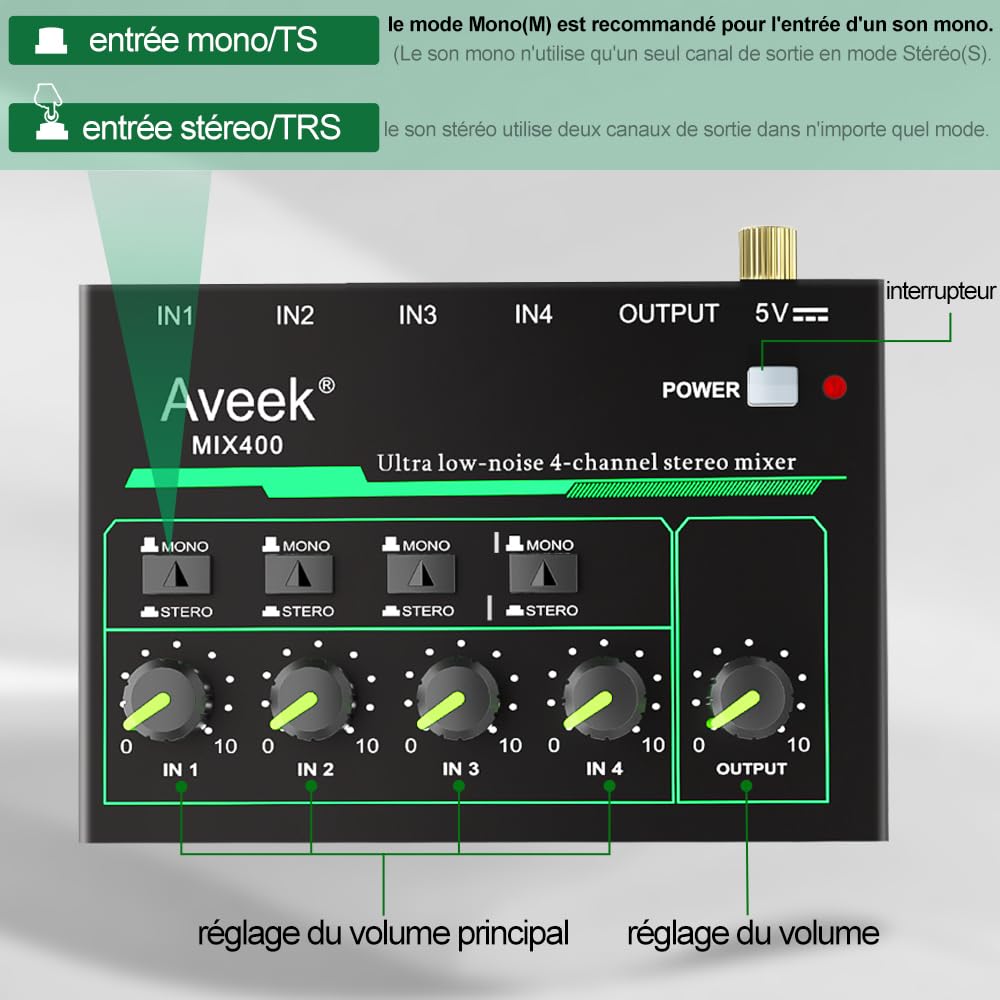 Aveek Mini Line Mélangeur audio 4 canaux avec commutation stéréo/mono et fonctionnement à faible bruit pour un sous-mixage de précision, entrée/sortie TRS 6,35 mm, idéal pour