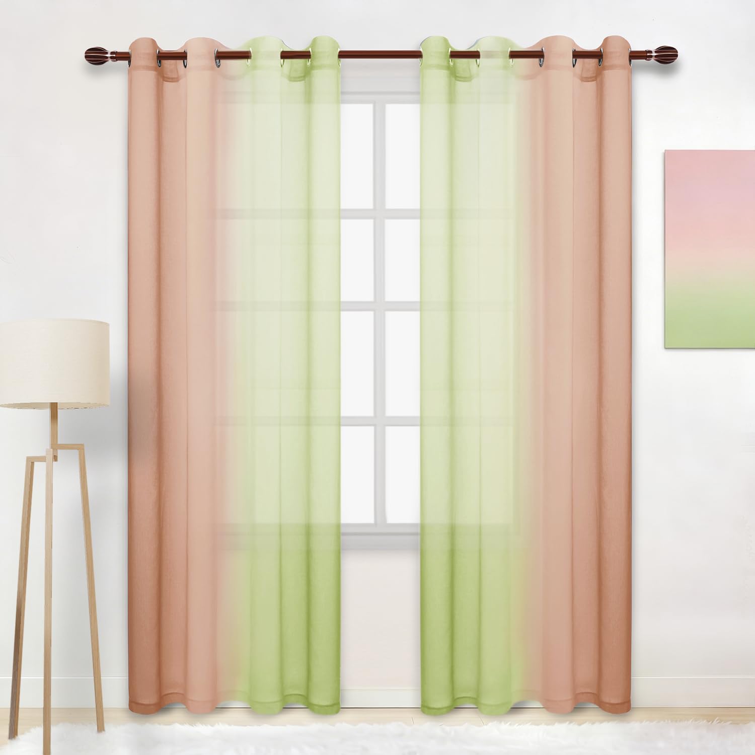 DWCN Ombre Sheer Curtains - Faux Linen Semi Voile Grommet Top Gradient Curtains for Bedroom and Living Room, Set of 2 Window Curtain Panels, 52 x 84 Inch Length（Sage Green and Pink