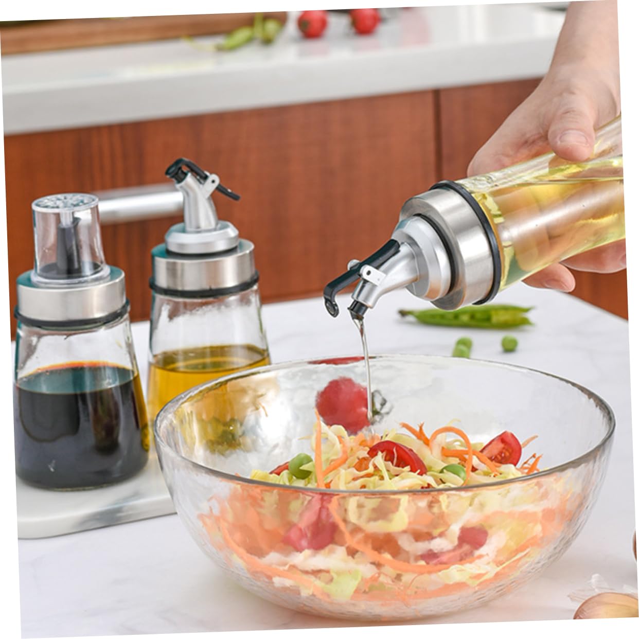 COLLBATH 3 Kleine Glasflaschen für Öl Essig und Sojasoße Einhandbedienung 3 Stück für Küche und Tisch aus Glas mit Edelstahlverschlüssen