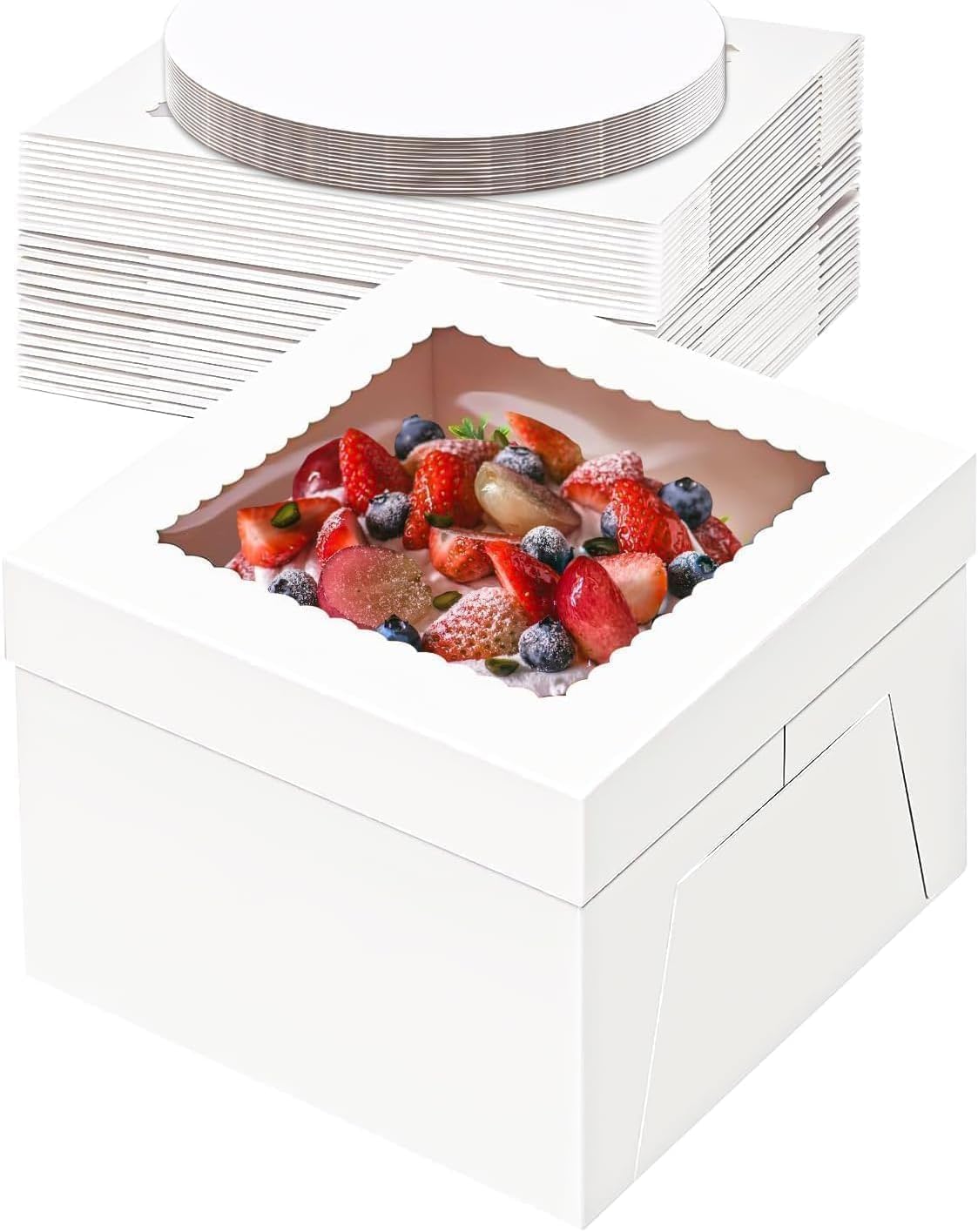 Tlczrva Tortenkarton,5er-PackTortenbox Set, Kuchenbox,Tortentransportbox，weiße Tortenschachtel mit Fenster und 5 Kuchenrunde Bretter, Kuchenkarton für Torten, Gebäck（25.4 * 25.4 * 20.3）