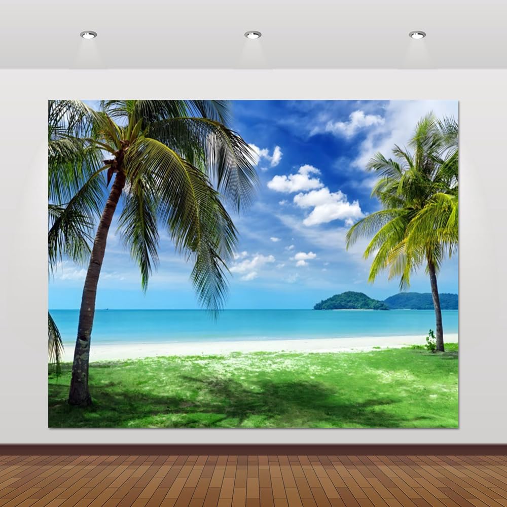 Summer Hawaiian Beach Backdrop 10x8ft Seaside Tropical Palm Trees Blue Sky Island Sea Ocean Photography Background for Luau Aloha Hawaii Party