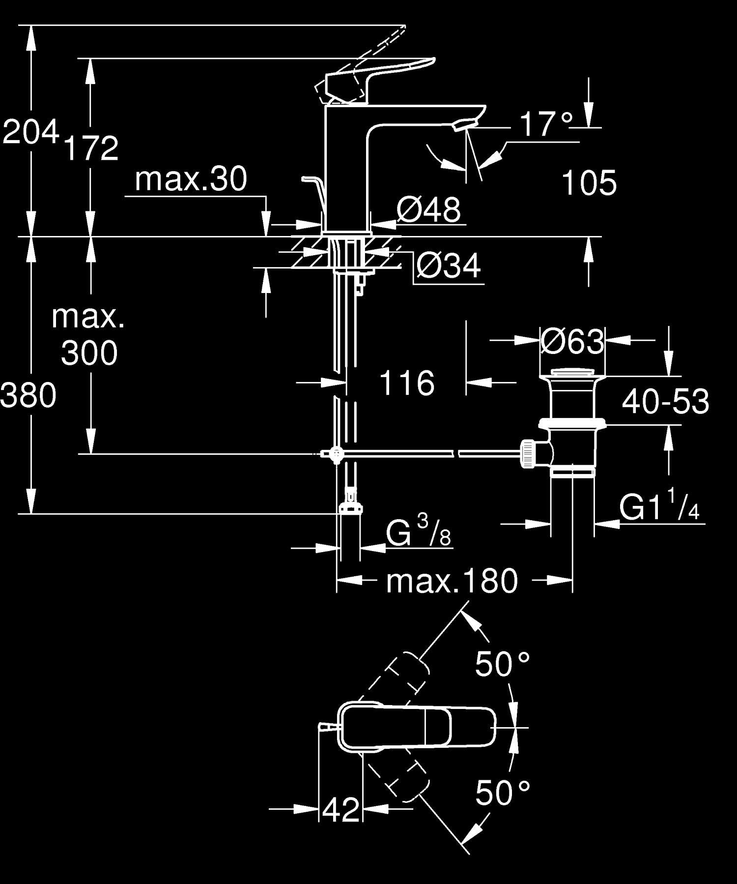 GROHE Jednouchwytowa bateria umywalkowa do kości z wysuwanym zestawem odpadów (rozmiar M 172 mm, wkład ceramiczny 28 mm, oszczędność wody, ogon, 3/8 cala, łatwy montaż za pomocą dołączonego QuickTool