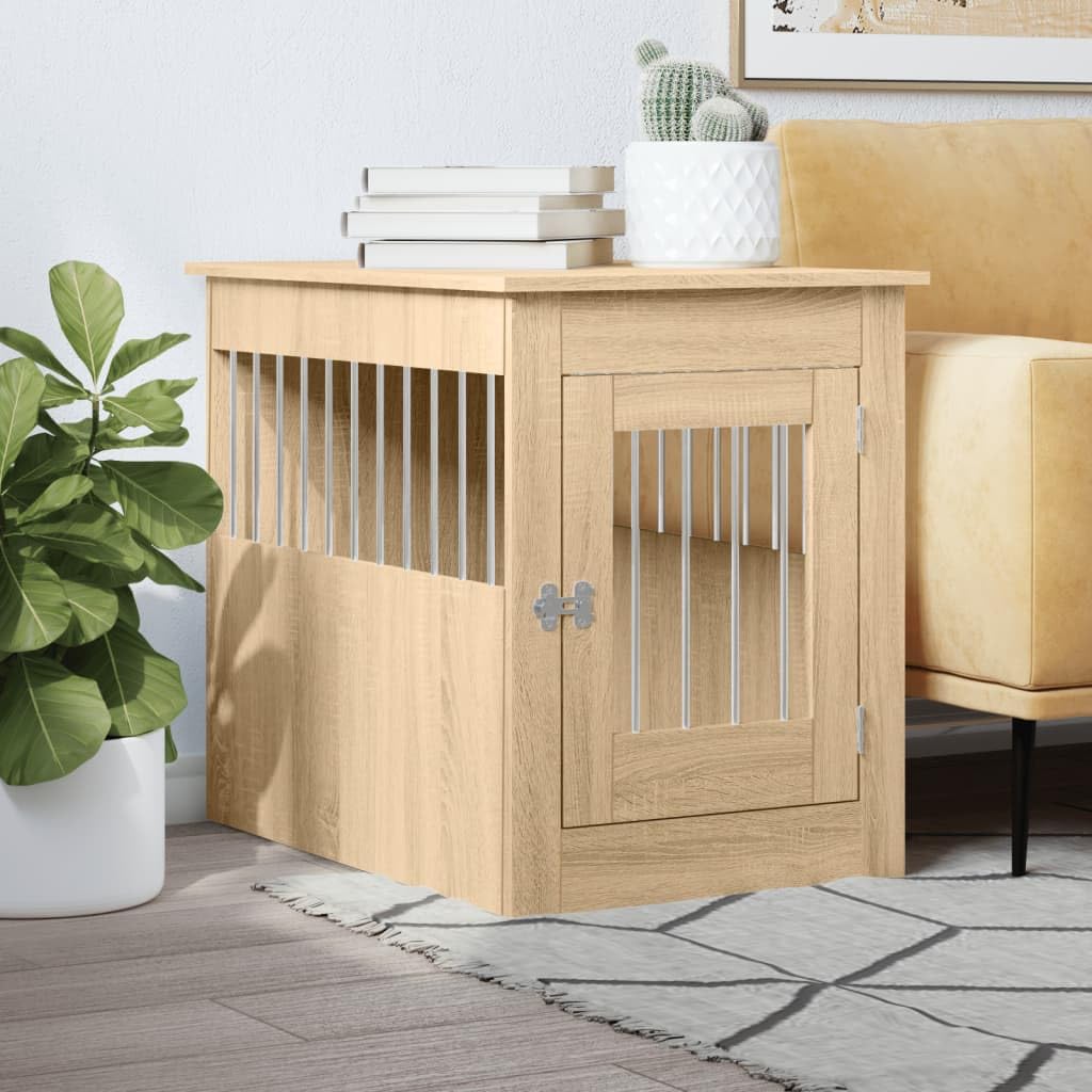 Gecheer Dog Crate Furniture Side Table End Table Pet Cage for Small and Medium Dogs With Lockable Door Sonoma Oak 55x80x68 cm Engineered Wood