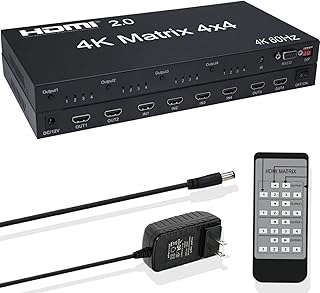 4x4 HDMI Matrix Switch, 4K HDMI Matrix Switcher Splitter 4 in 4 Out Box, Supports UltraHD 4K@60Hz 4:4:4, HDR, YUV, HDMI 2.0, HDCP 2.2, 3D, Downscaler (4K & 1080p Together)